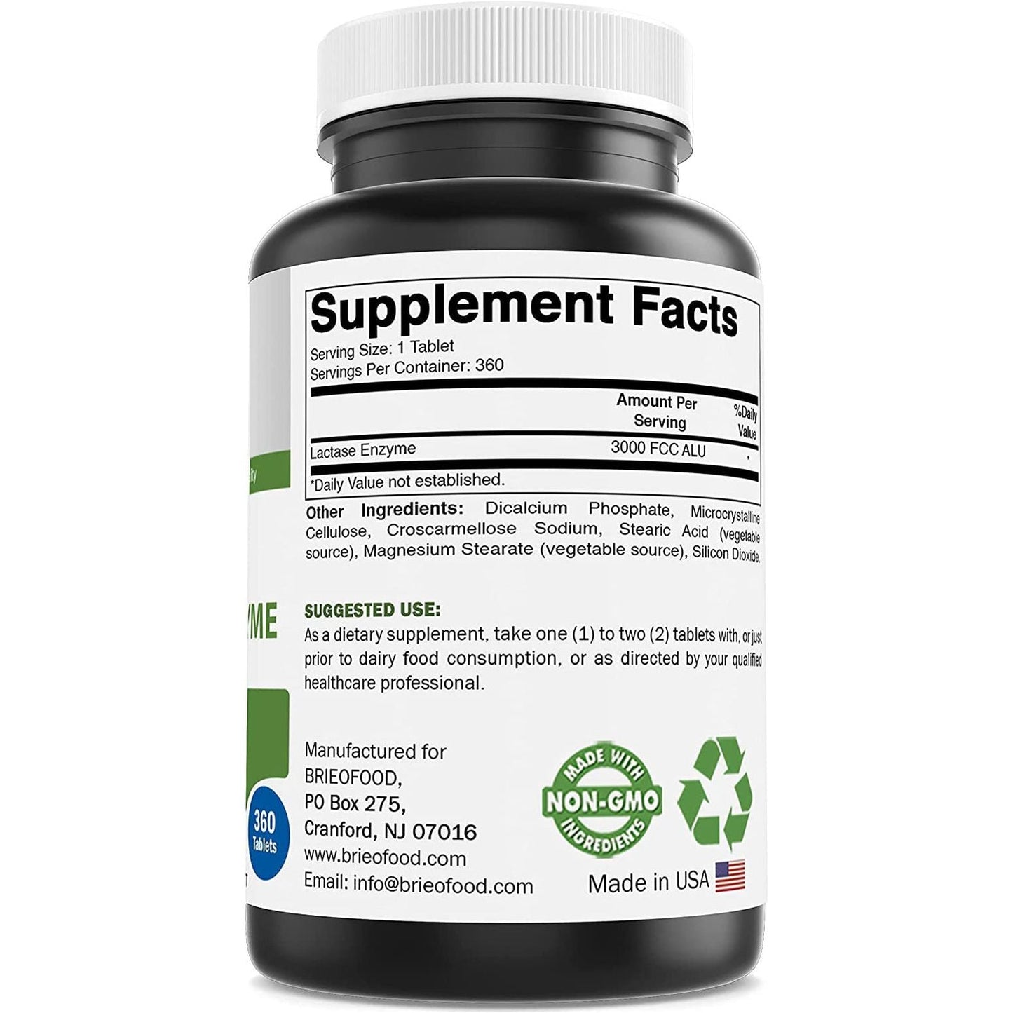 Brieofood Lactase Enzyme Pills - 3000 FCC ALU - 360 Servings - Non-Gmo, Gluten Free
