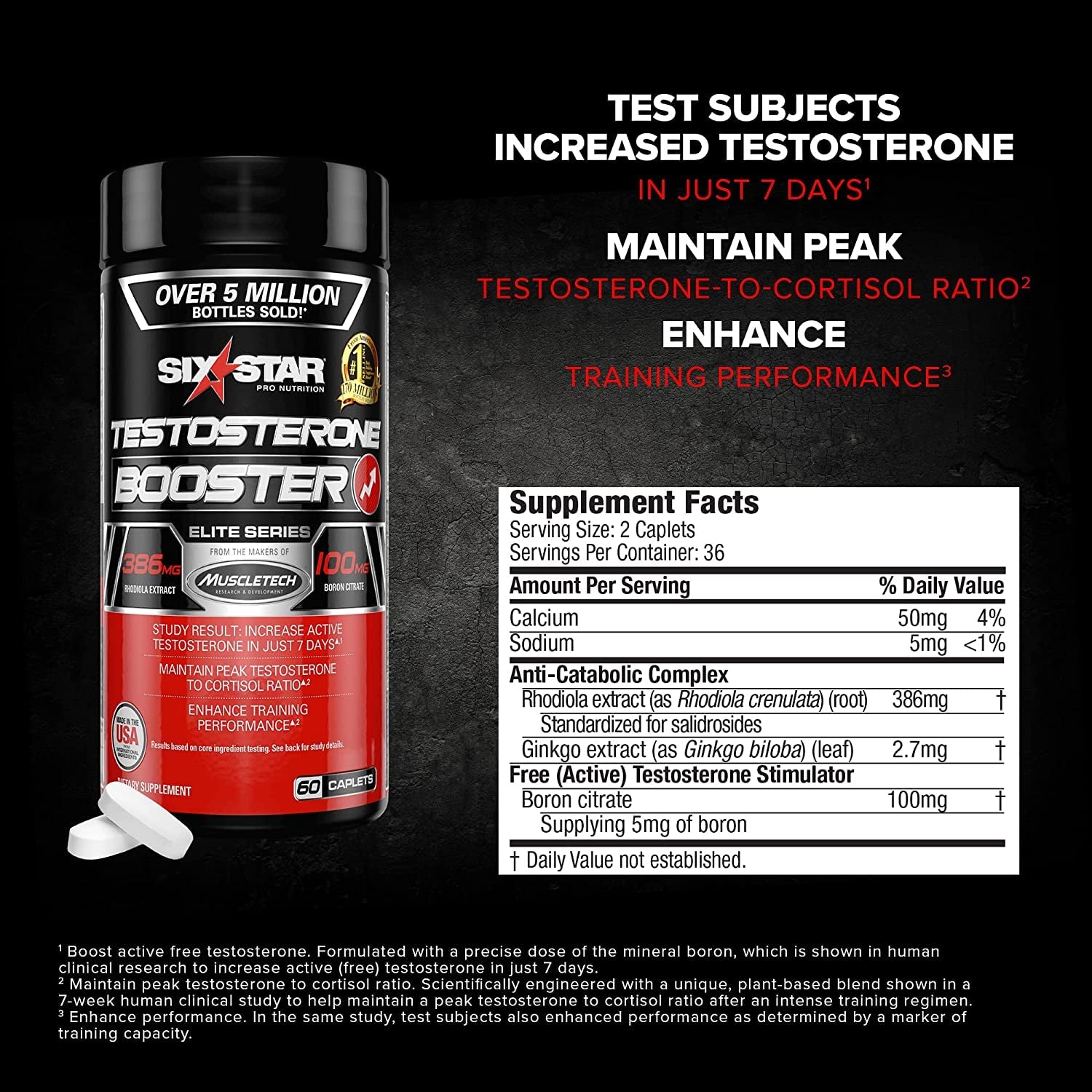 Six Star Nutrition Testosterone Booster for Men with Rhodiola Extract and Boron Citrate 60 Pills