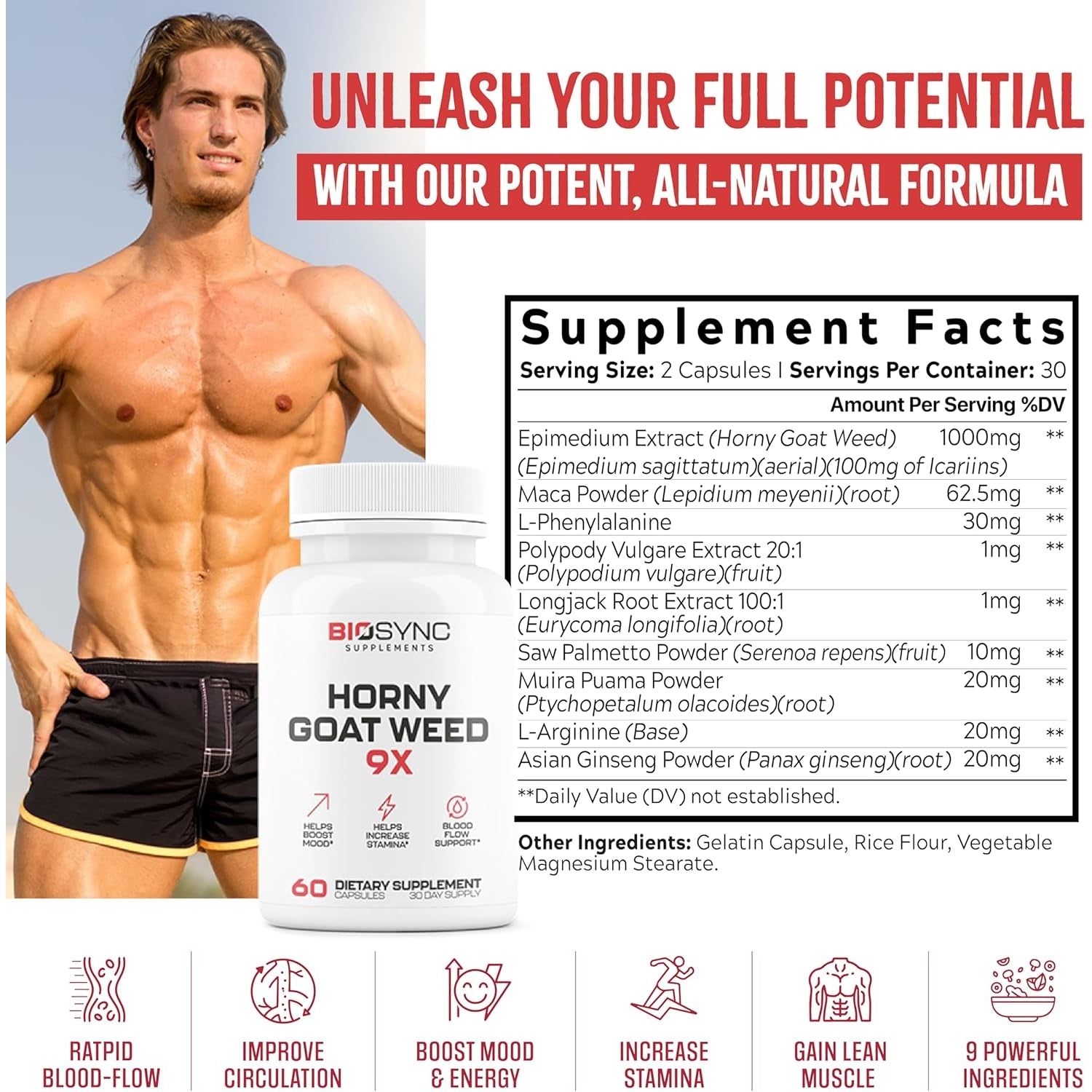 Biosync 9 in 1 Horny Goat Weed | Performance Supplement for Size, Muscle Mass, Circulation 60 Caps