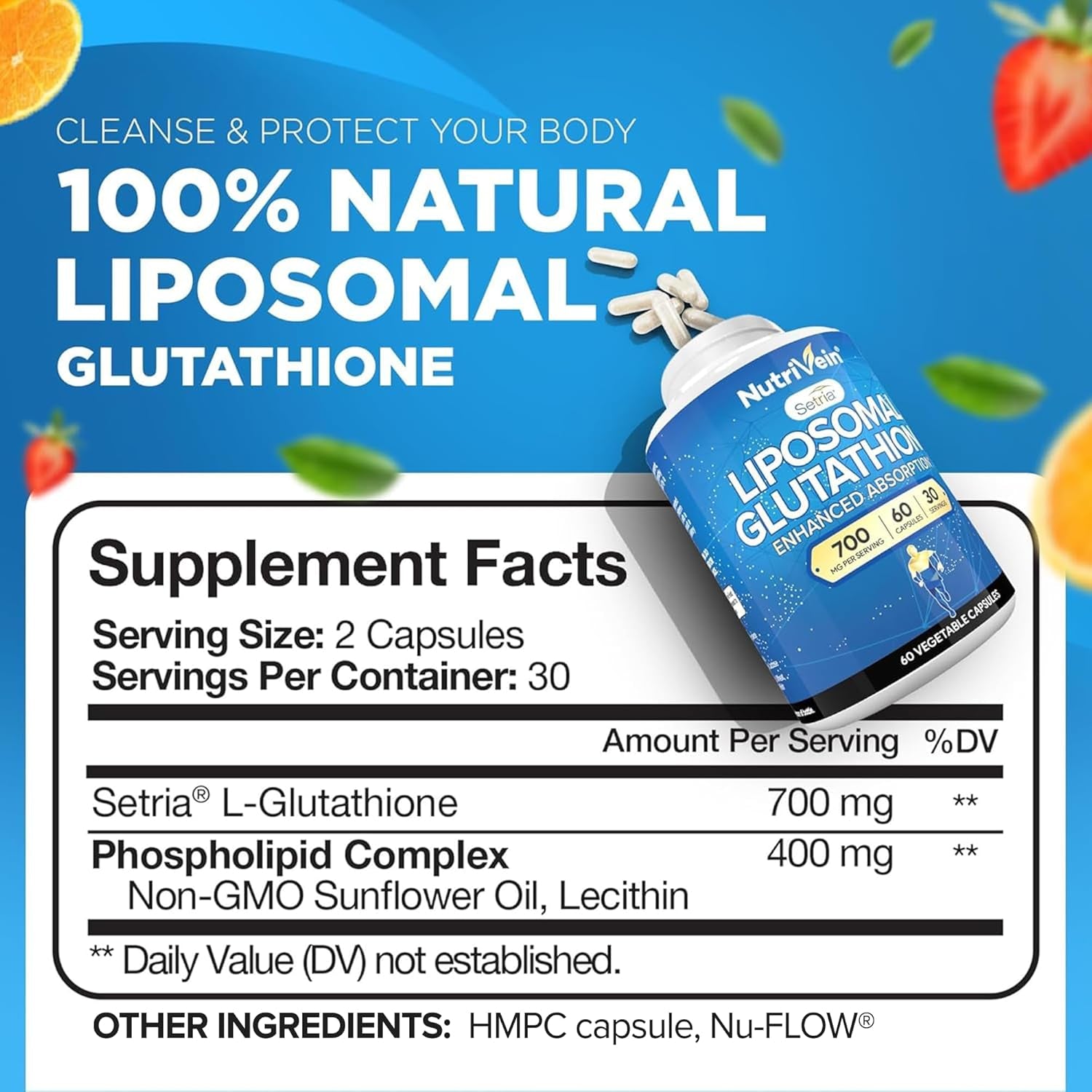 Nutrivein Premium Liposomal Glutathione Supplement 700 Mg - Cell Protection, Cleansing, Liver, Brain, and Defenses 60 Caps