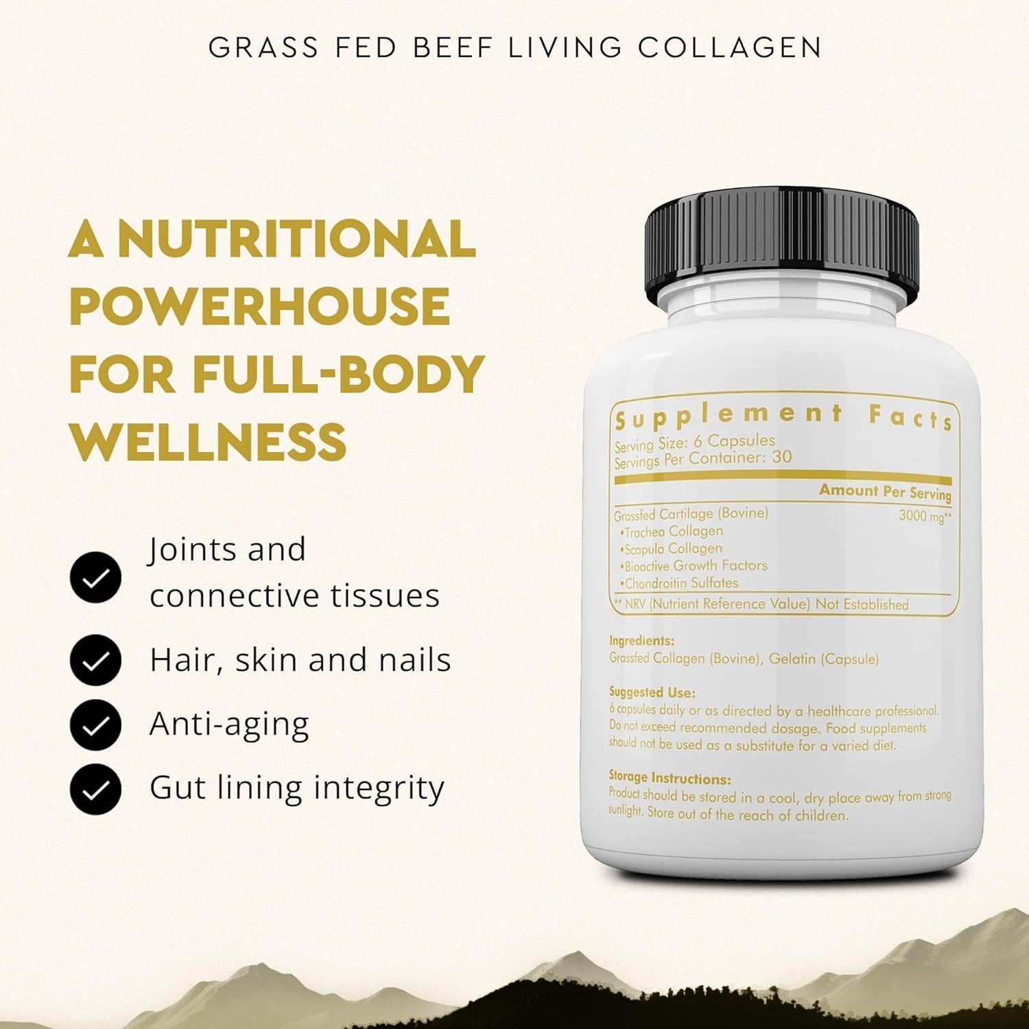 Ancestral Supplements Grass Fed Beef Living Collagen Nutritional Powder Supplement, 3000Mg 180 Capsules