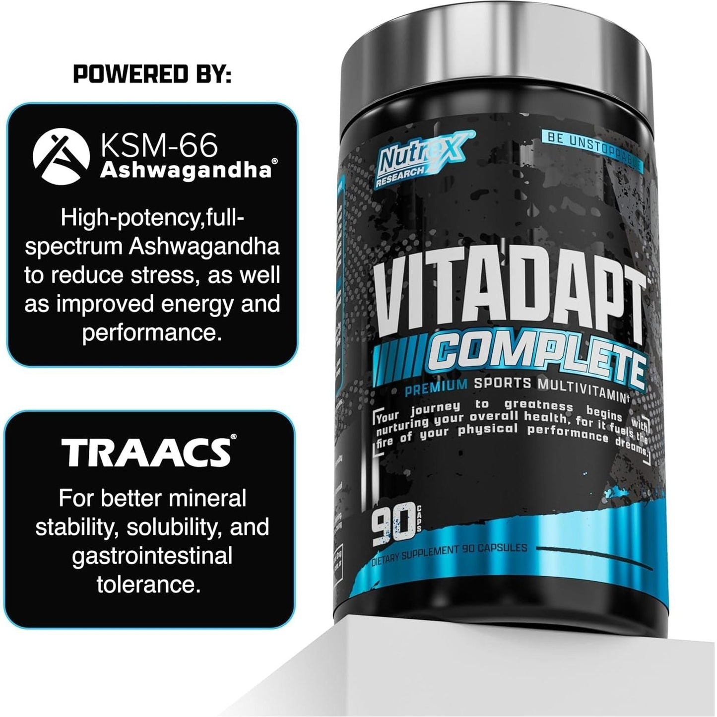 Nutrex Research Vitadapt Complete Sports Multivitamin for Men - 24 Vitamins, KSM-66 Ashwagandha and Minerals for Athletes (90 Capsules)
