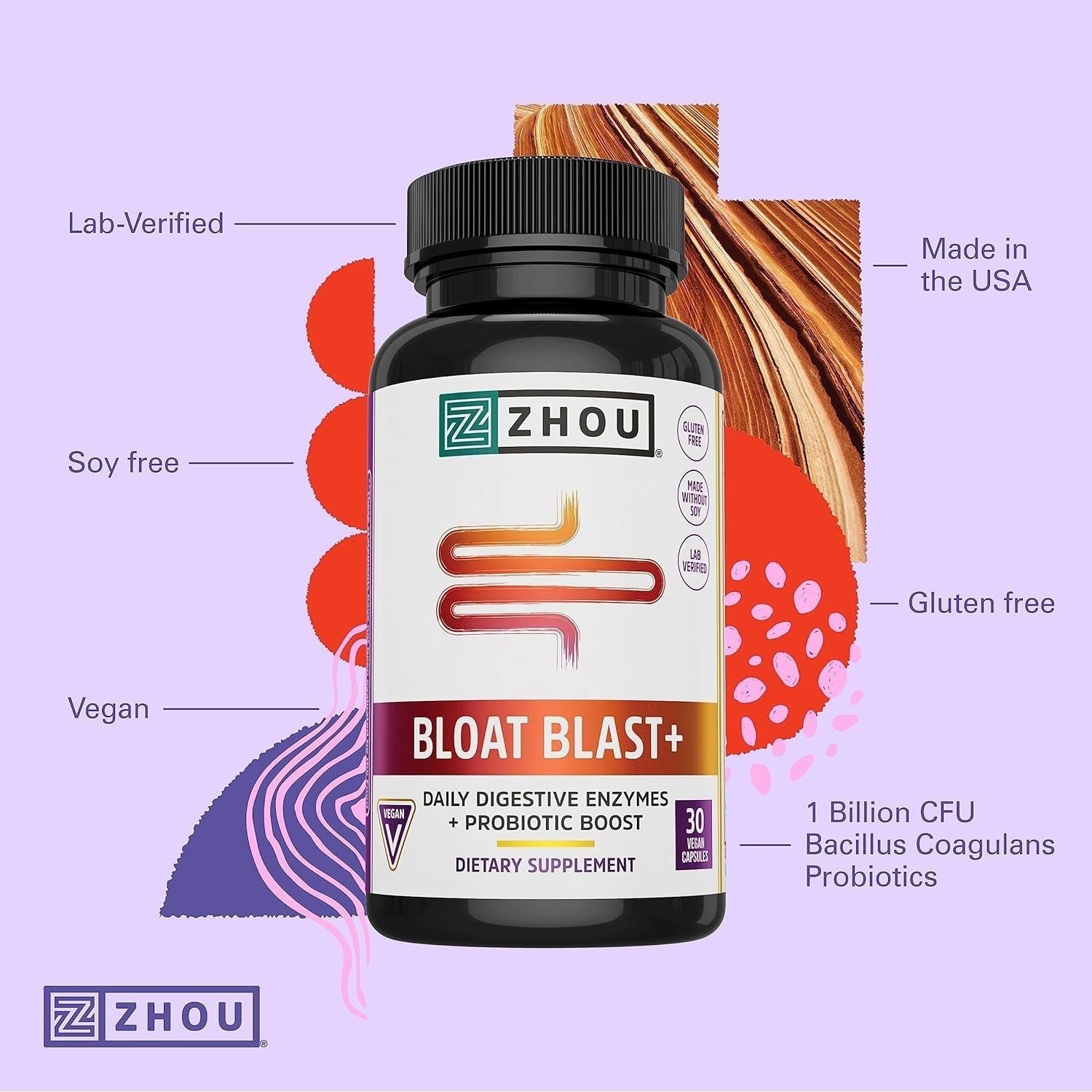 Zhou Nutrition Bloat Blast+ Digestive Enzymes with Probiotics, Reduce Water Retention and Improve Digestive Health, 30 Servings