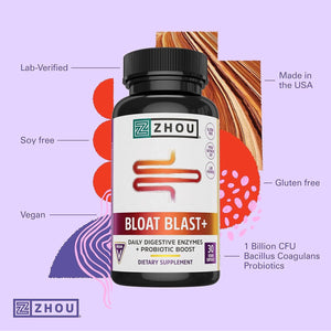 Zhou Nutrition Bloat Blast+ Digestive Enzymes with Probiotics, Reduce Water Retention and Improve Digestive Health, 30 Servings