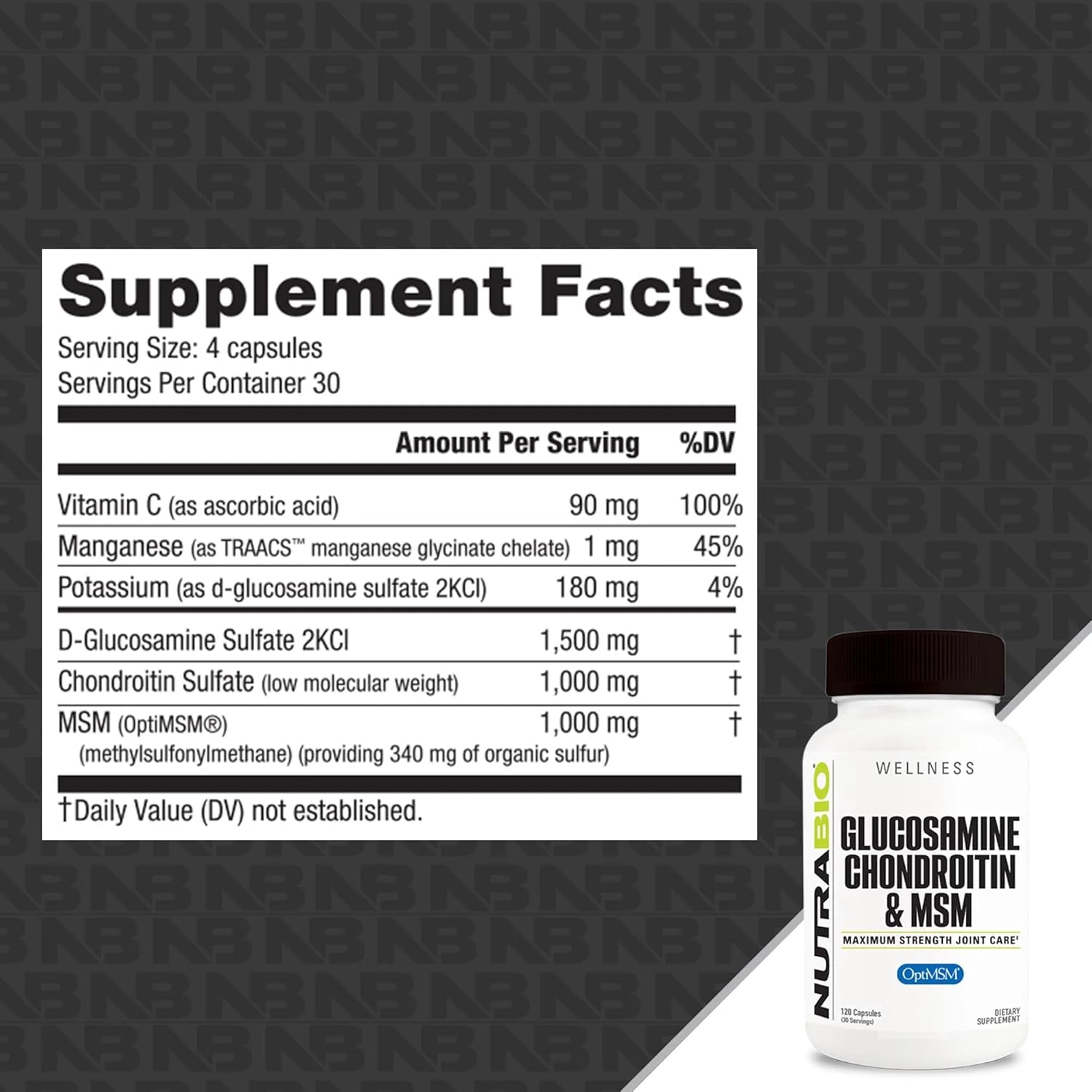 Nutrabio Glucosamine Chondroitin & Optimsm Supplement, Joint Support Formula - 120 Capsules