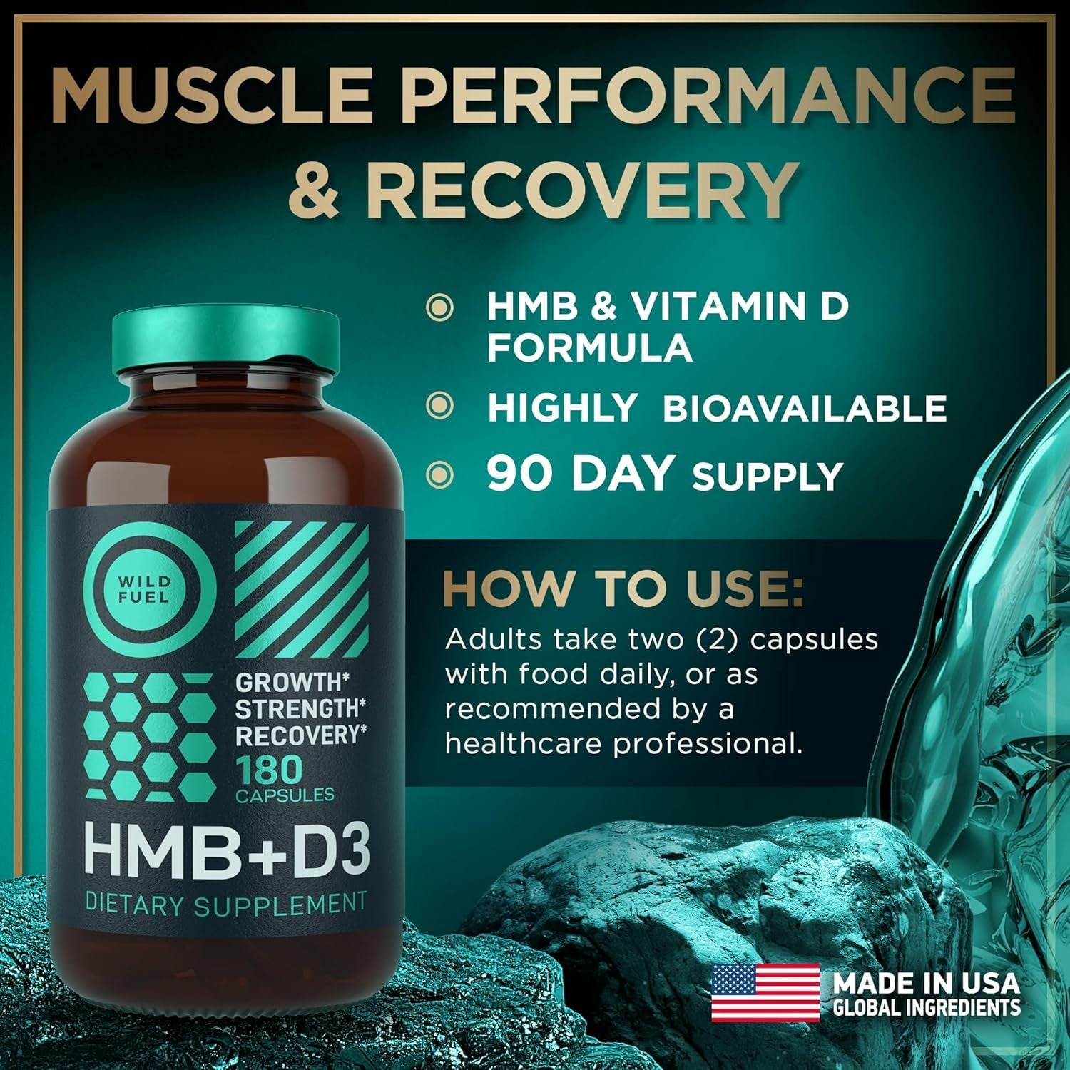 HMB Supplements for Men & Women with Vitamin D3 1,000 MG for Muscle Growth, Strenghth and Fast Workout Recovery - 180 Capsules