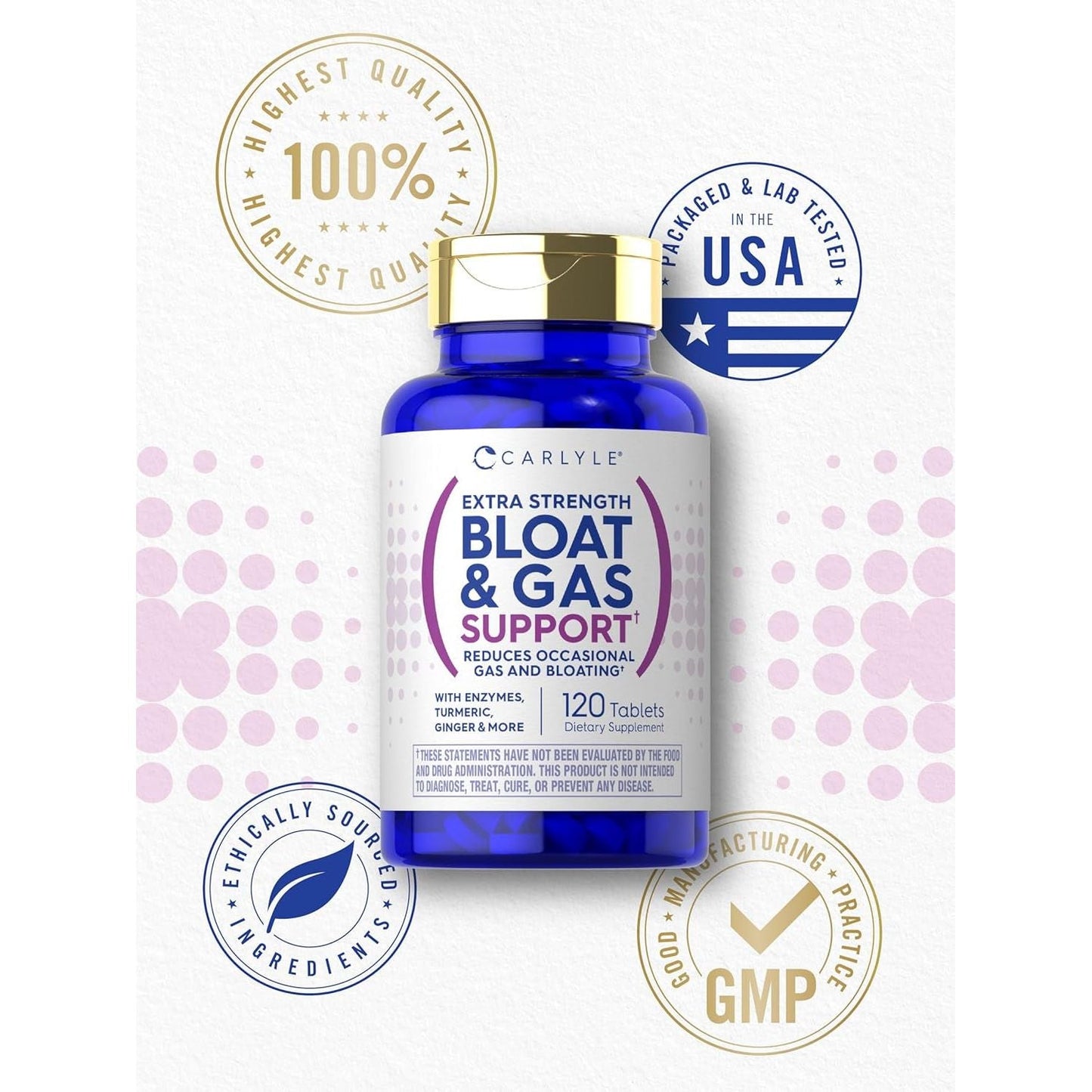 Carlyle Bloat & Gas Support | Supplement with Enzymes, Turmeric, Ginger & More 120 Tablets