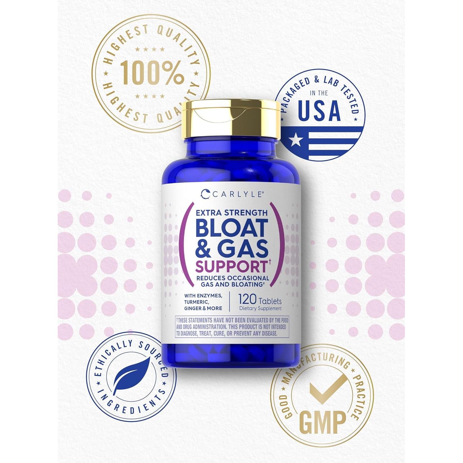 Carlyle Bloat & Gas Support | Supplement with Enzymes, Turmeric, Ginger & More 120 Tablets