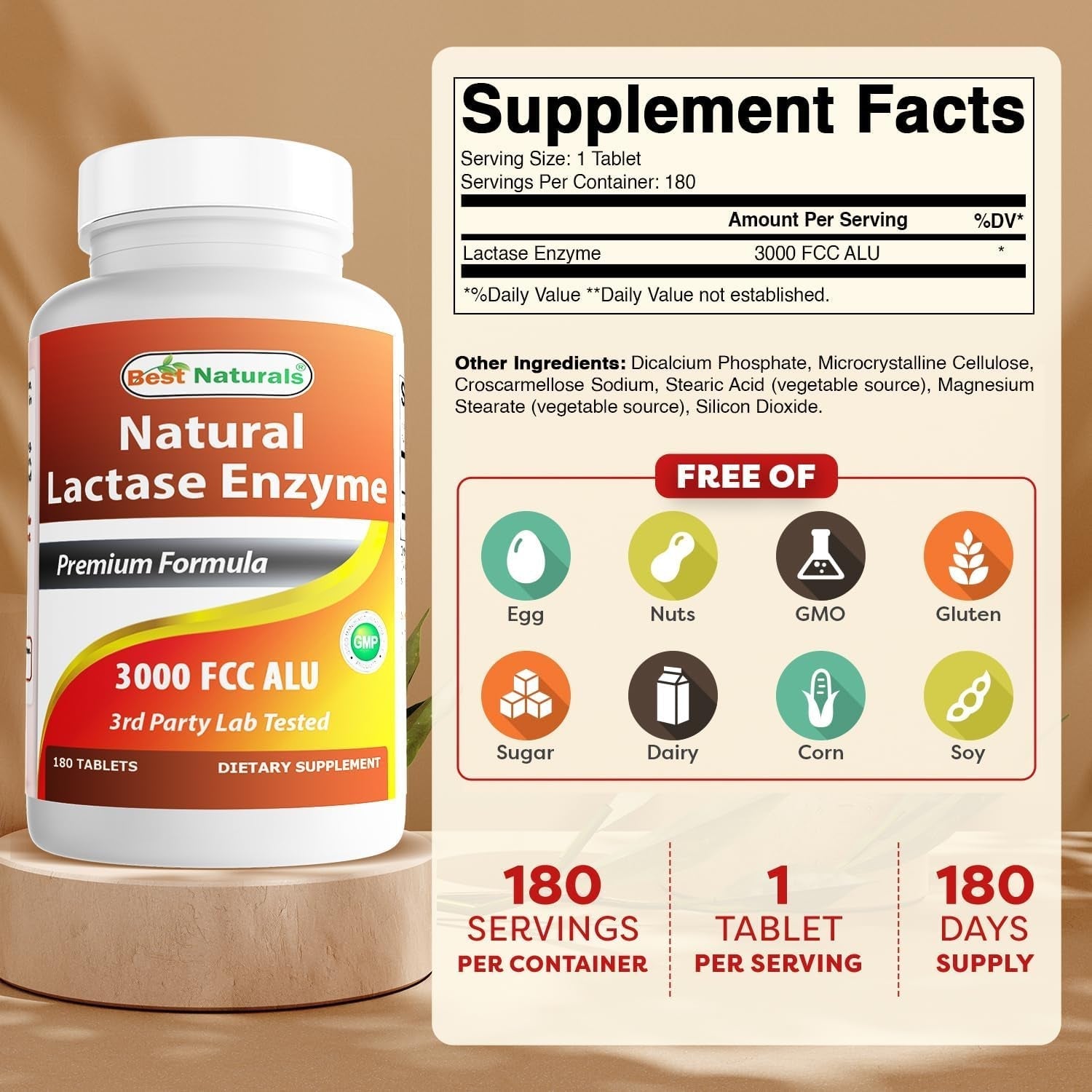 Best Naturals Fast Acting Lactase Enzyme Tablet, 3000 Fcc Alu, 180 Count