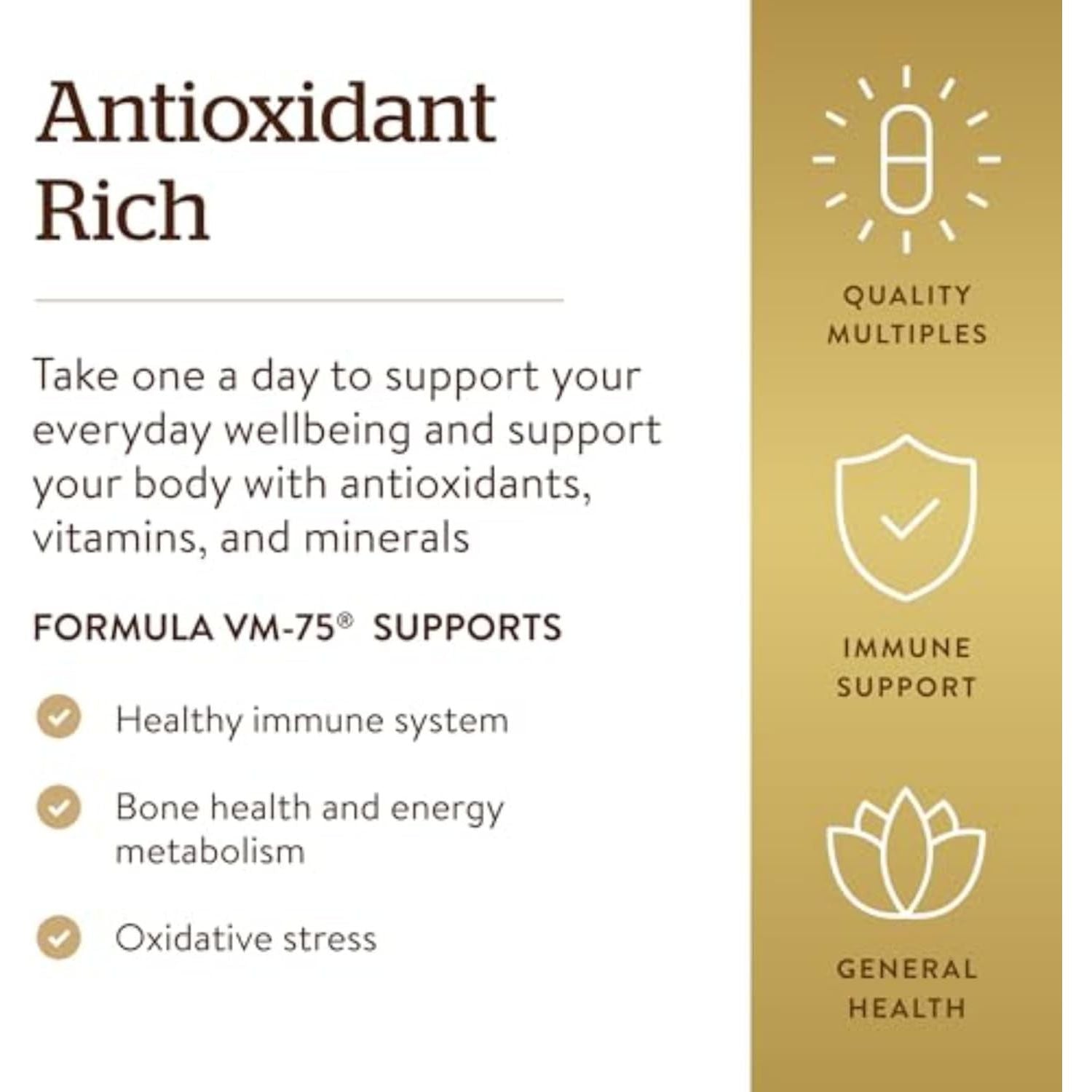 Solgar Formula VM-75, 90 Tablets - Multivitamin with Chelated Minerals - Vitamin A, B6, B12, C, D, E - Biotin, Magnesium, Calcium, Iron, Zinc, - Vegan, Gluten Free, Dairy Free, Kosher - 90 Servings