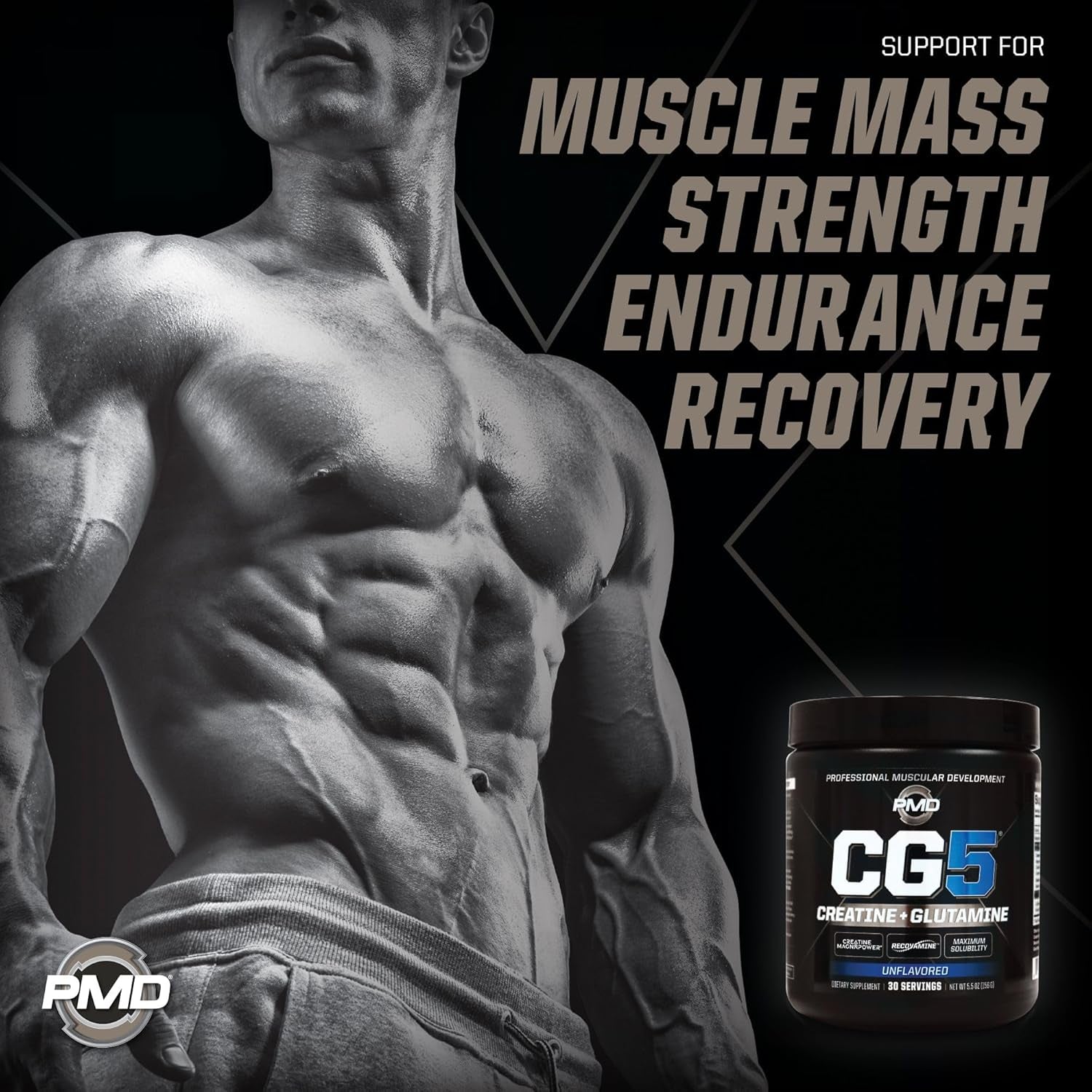 PMD Sports CG5 Premium Creatine & L Glutamine Powder, UNFLAVORED 30 Servings