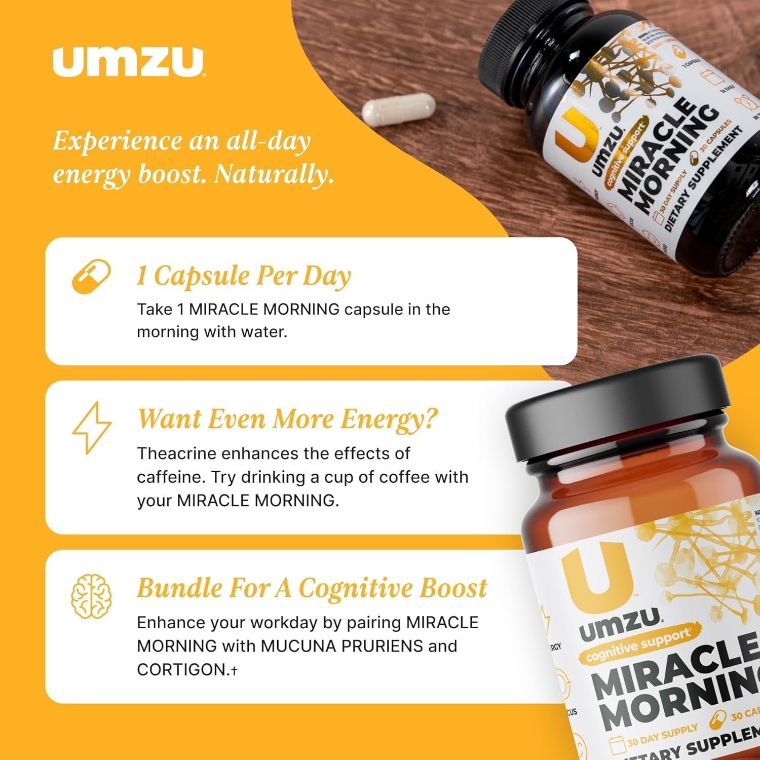 UMZU Miracle Morning Energy Supplement with Caffeine & Energy Enhancers 150Mg (30 Capsules)