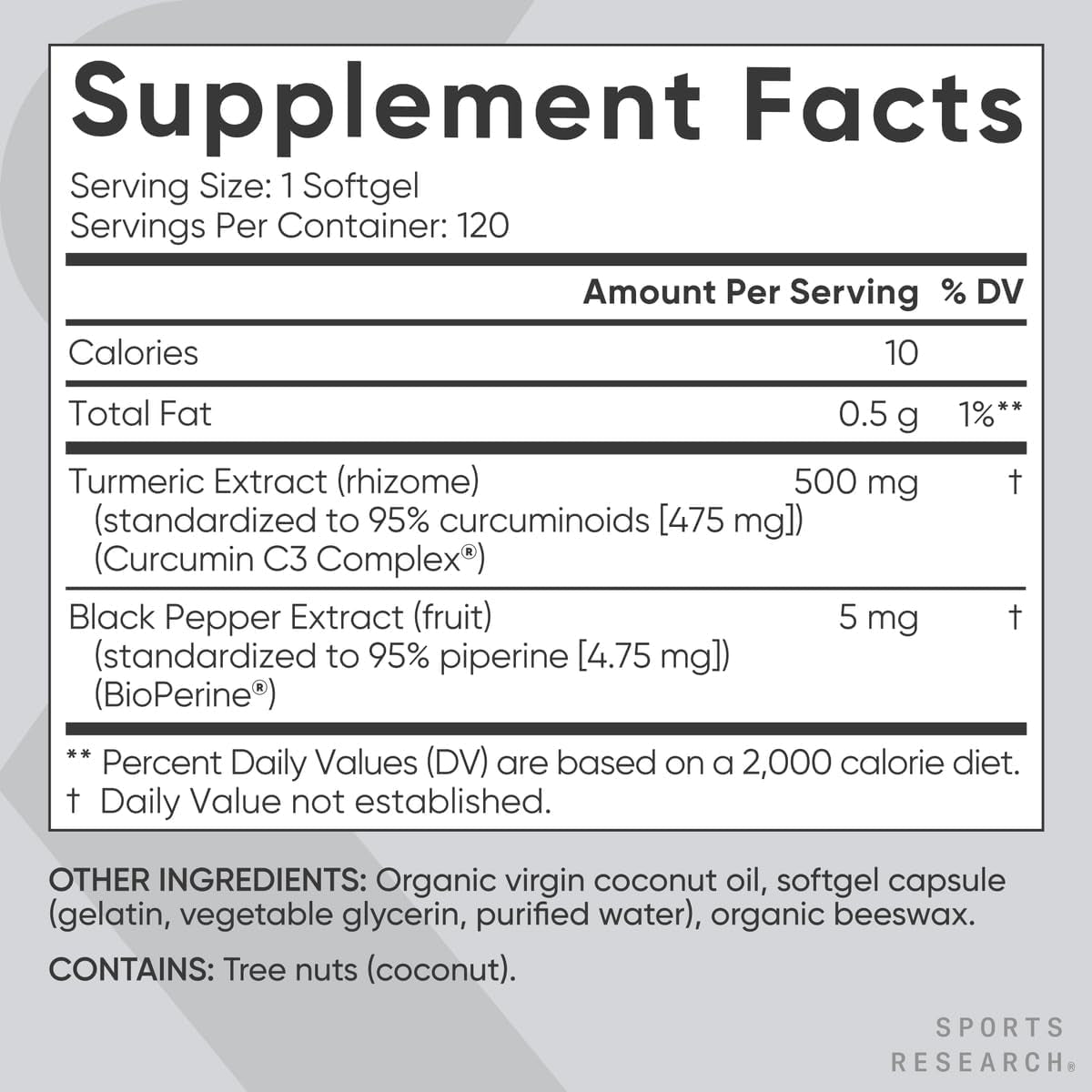 Sports Research Turmeric Curcumin C3 Complex - Non-Gmo Verified & Gluten Free - 500Mg, 120 Count