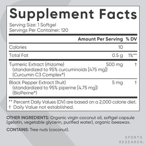 Sports Research Turmeric Curcumin C3 Complex - Non-Gmo Verified & Gluten Free - 500Mg, 120 Count