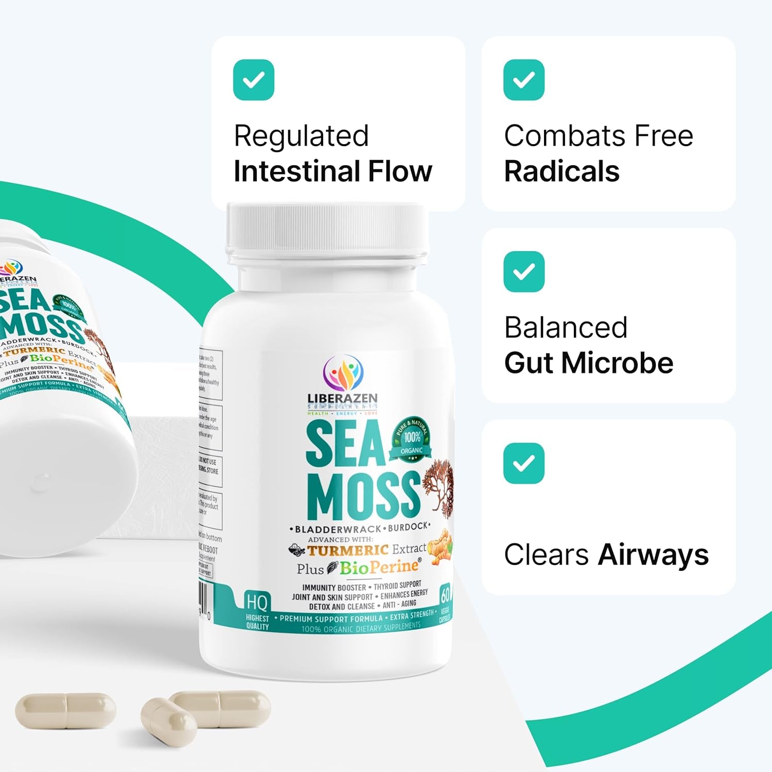 Organic Irish Sea Moss Pills -  Seamoss Blend with Turmeric, Burdock Root & Bladderwrack, Enhanced with Black Pepper - 60 Capsules