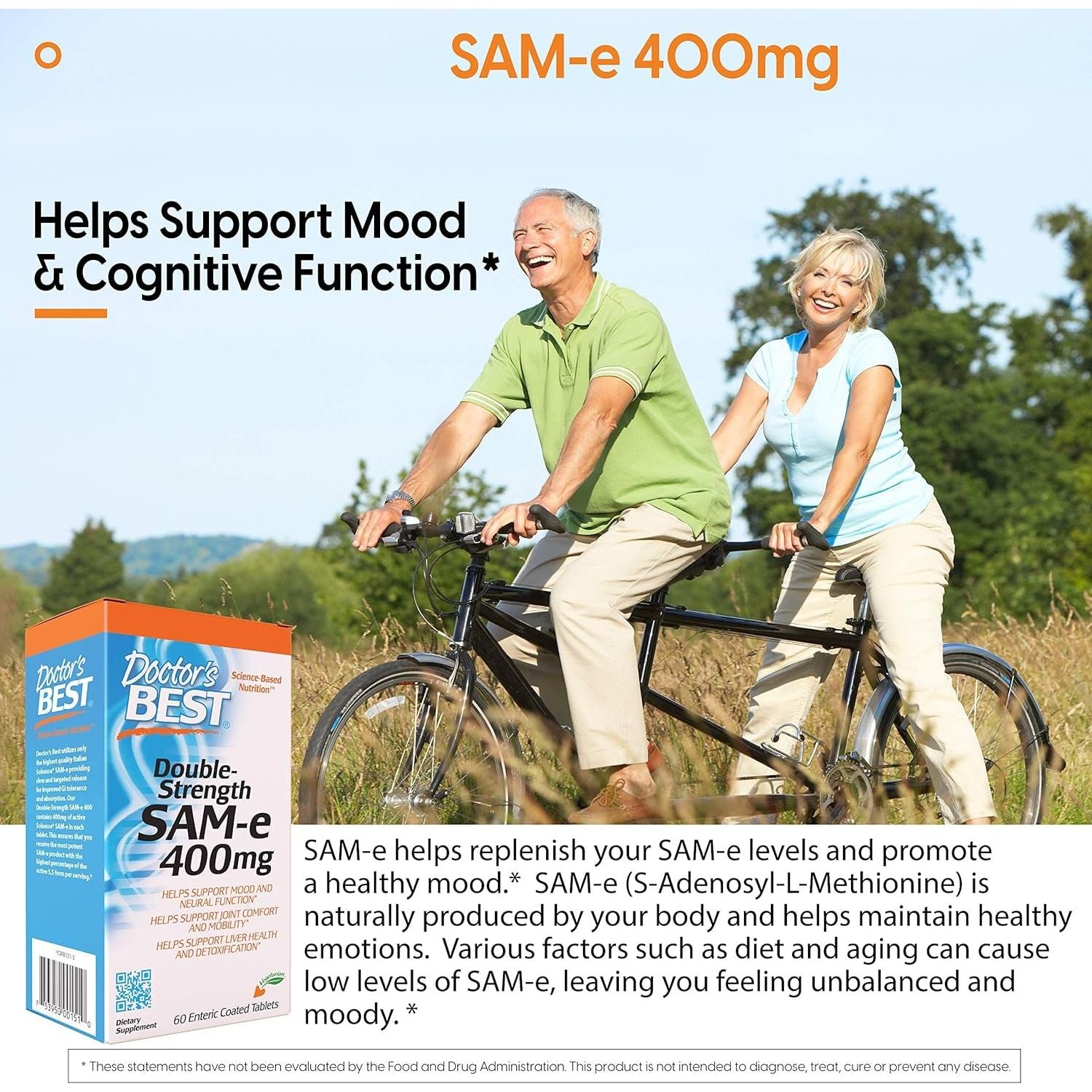 Doctor'S Best Sam-E 400 Mg, Vegan, Gluten Free, Soy Free, Mood and Joint Support, 60 Enteric Coated Tablets