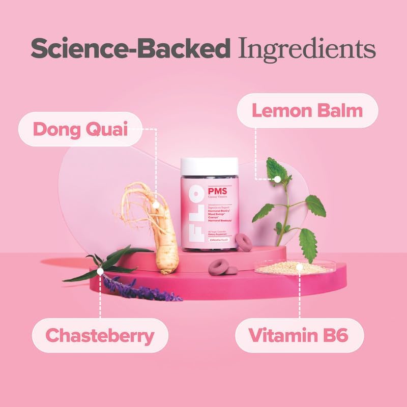 O Positiv FLO PMS Gummies for Women - Proactive PMS Relief - Targets Hormonal Breakouts, Bloating, Cramps, & Mood Swings 30 Servings