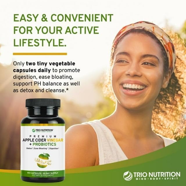 TRIO NUTRITION Apple Cider Vinegar Capsules with Green Tea for Body Cleanse, Immune, Weight Management & Metabolism Support*