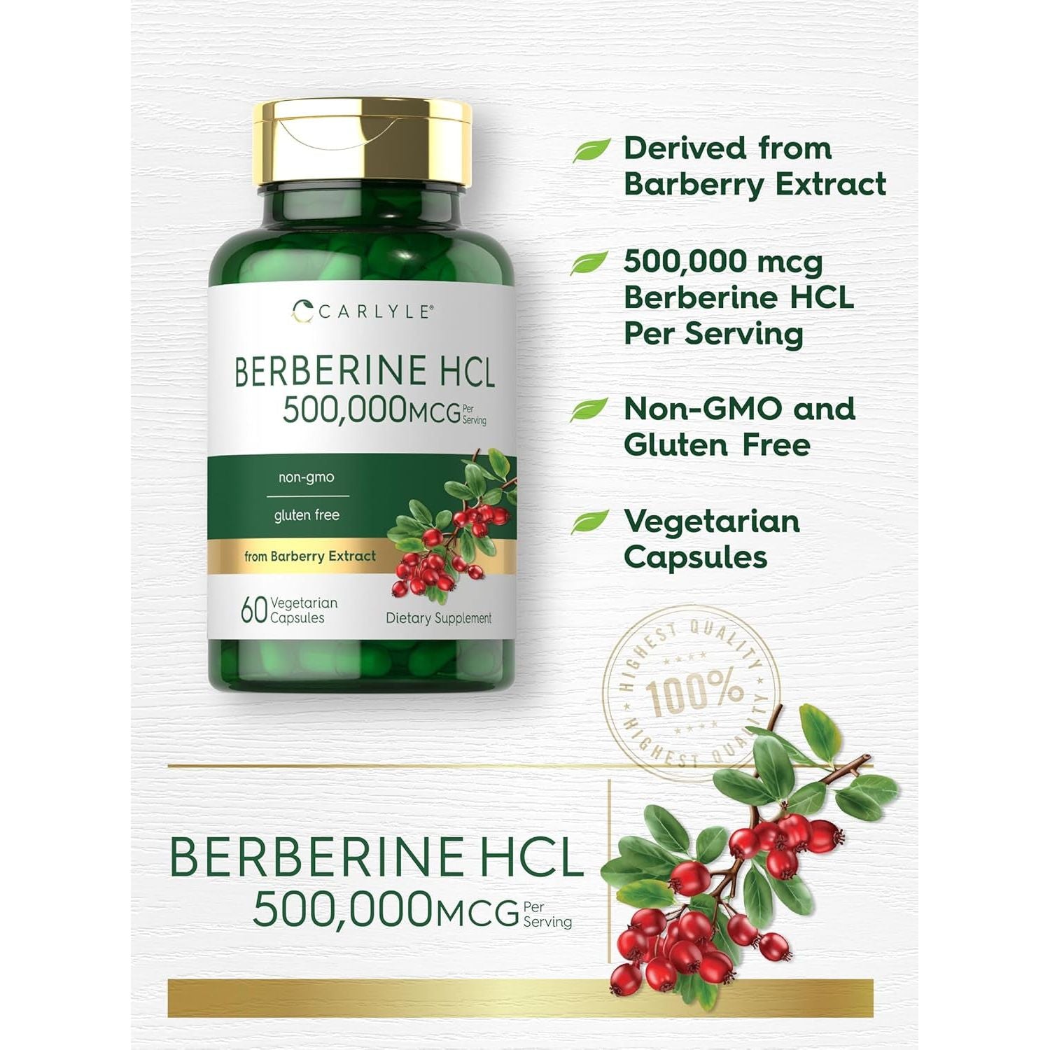 Carlyle Berberine HCL Supplement | 500,000Mcg | 60 Capsules | Vegetarian, Non-Gmo, Gluten Free
