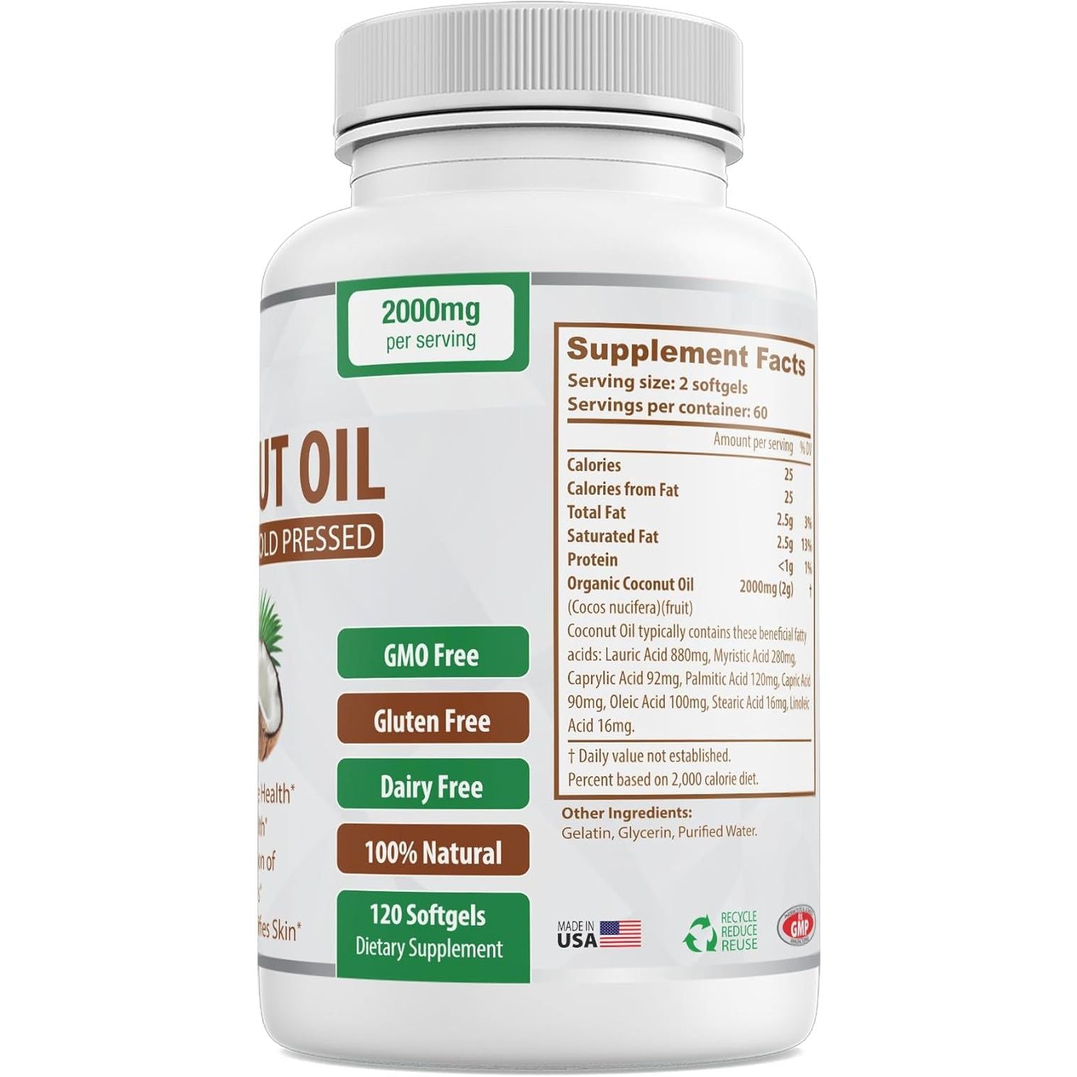 Organic Coconut Oil Capsules - Cold Pressed for Healthy Skin, Extra Hair Growth, Nail Care, Brain Booster - 120 Softgels/2000Mg 