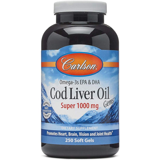 Carlson - Cod Liver Oil Gems, Super 1000 Mg, 250 Mg Omega-3S, 400 IU (10 Mcg) Vitamin D3 - 250 Softgels