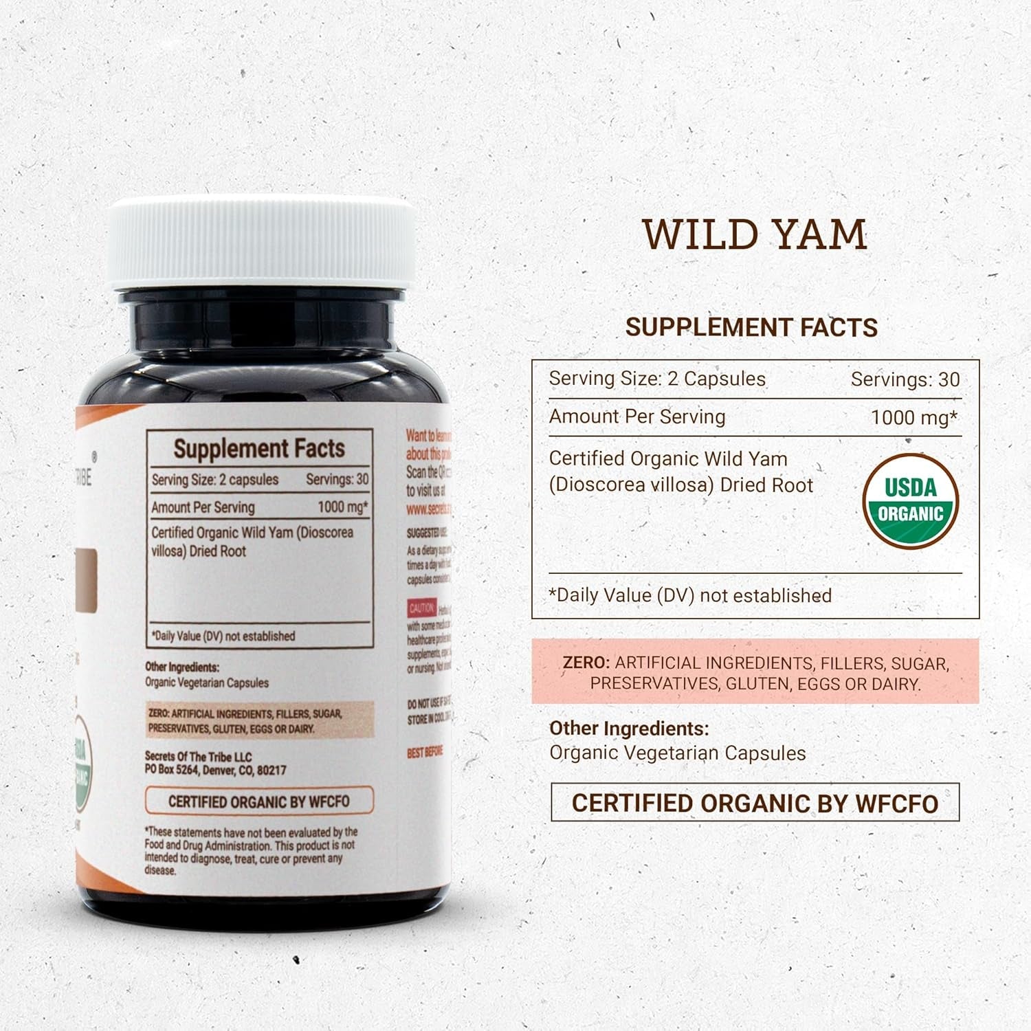 Secrets of the Tribe Wild Yam USDA Organic Capsules 1000 Mg Hormone Support Supplement (60 Capsules)