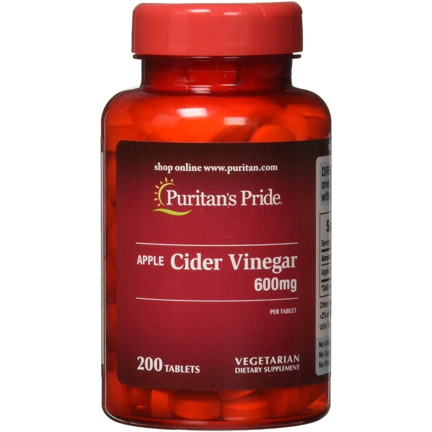 Puritan'S Pride Apple Cider Vinegar 600 Mg, Vegetarian Dietary Supplement, 6 Month Supply, 200 Tablets