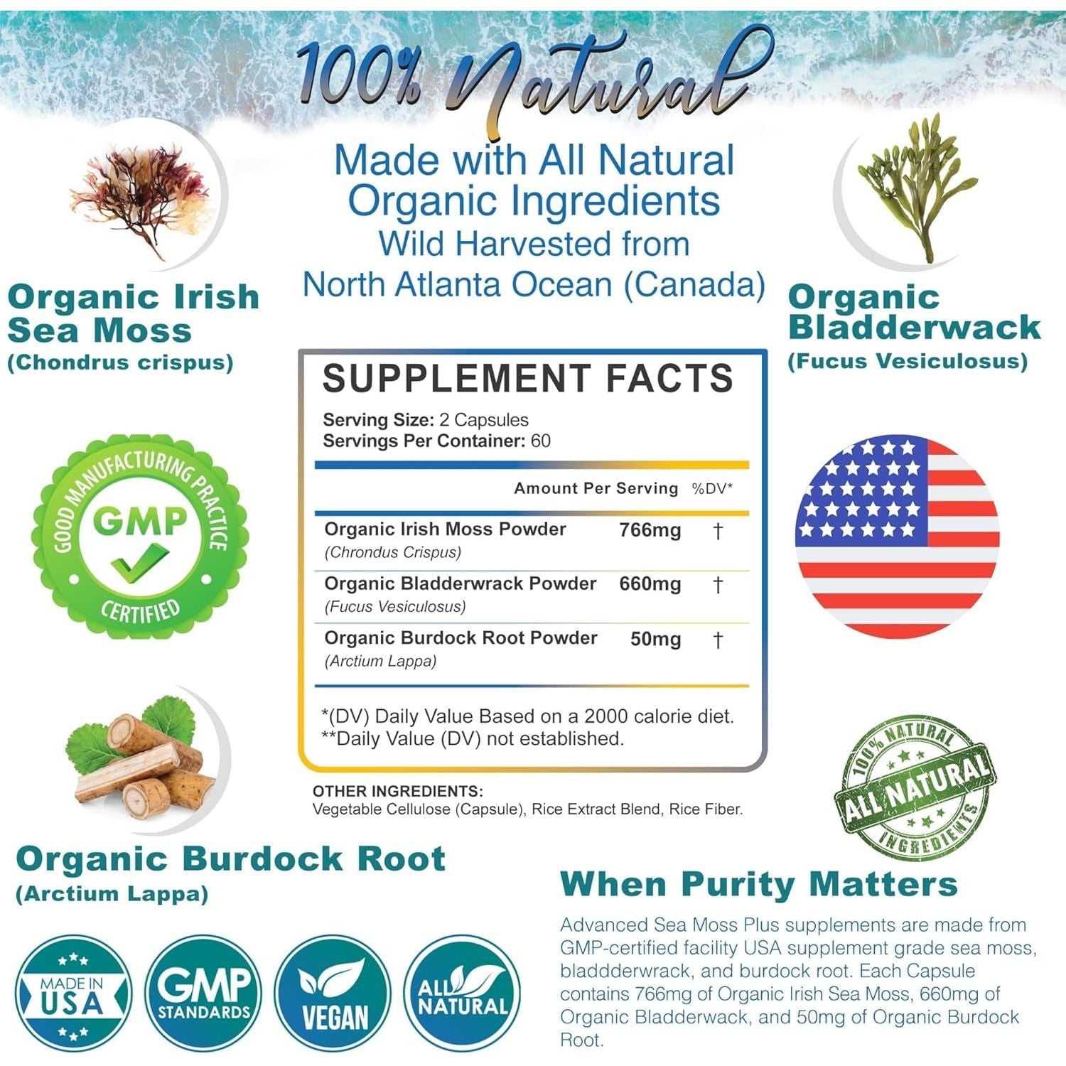 Organic Sea Moss Capsules, Bladderwrack & Burdock Root 120 Count