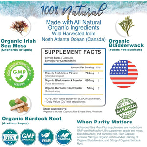 Organic Sea Moss Capsules, Bladderwrack & Burdock Root 120 Count