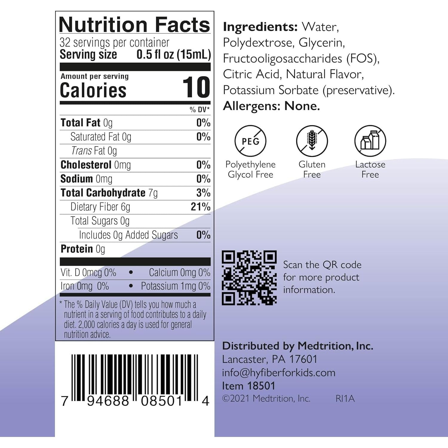 Medtrition Hyfiber Liquid Fiber for Kids, Supports Regularity and Softer Stools, 6 Grams of Fiber, 32 Servings