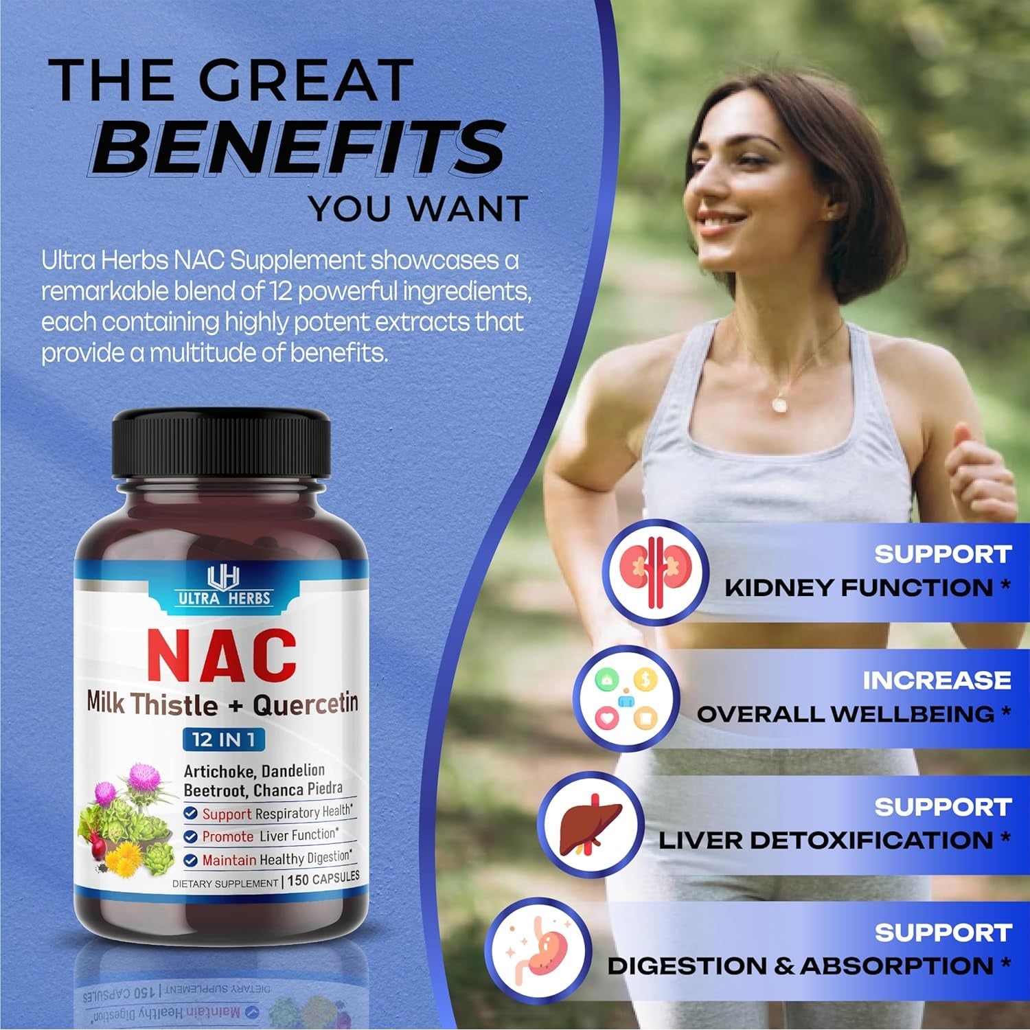 NAC Supplement N-Aetyl Cysteine Enriched with Milk Thistle, Quercetin - Support Immunity, Respiratory Health & Liver Detox | 150 Capsules