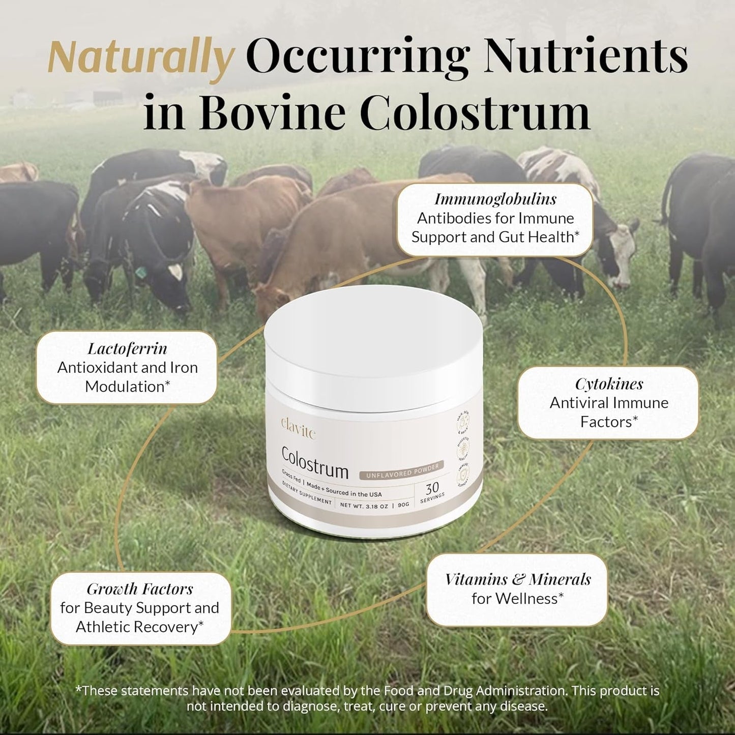 Colostrum Powder (Unflavored) for Gut Health, Immune Support Healthy Hair, Skin & Nails - 30 Servings