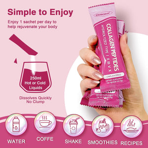 ZEBORA Collagen Peptides Powder Packets with Hyaluronic Acid, Biotin, MCT - Support Skin Hair Nail Joints & Gut Health - 30 Stick Packs