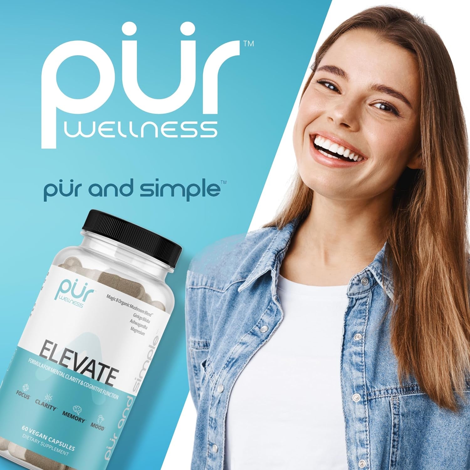 PUR Wellness Elevate Nootropic Brain Supplement for Focus, Clarity, Memory and Mood