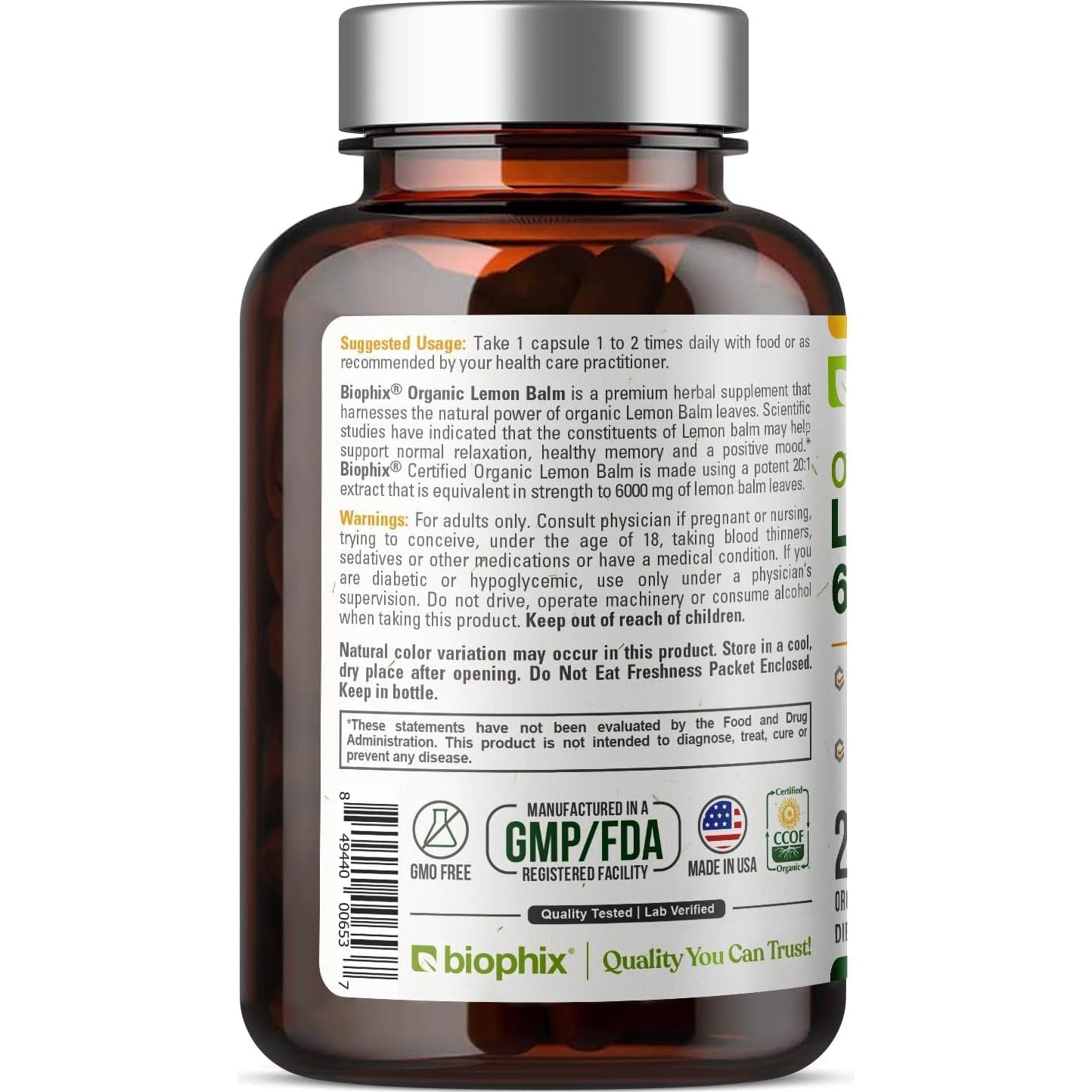 Biophix Lemon Balm Capsules USDA Organic 20:1 Extract 300 Mg 200 Veggie Caps