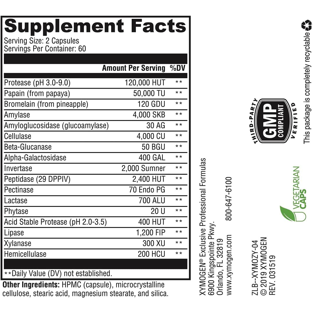 XYMOGEN Xymozyme- Plant-Based Digestive Enzymes - Support Gut Health + Nutrient Absorption (120 Capsules)