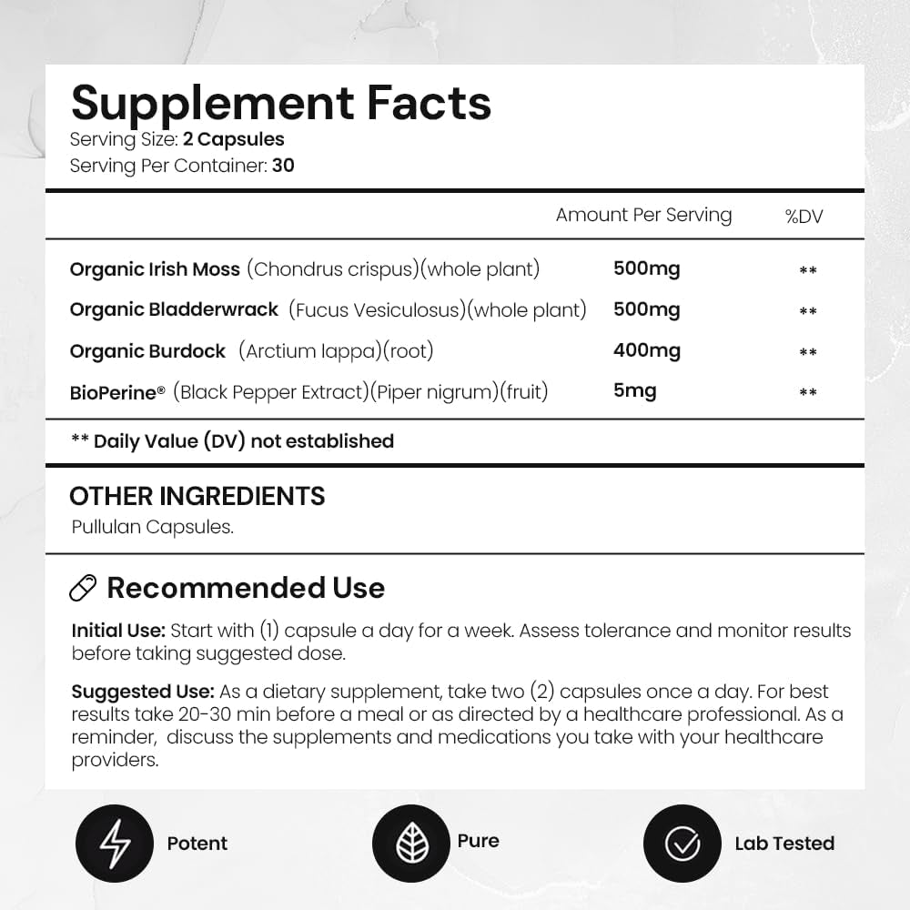 ACEWORKZ USDA Organic Irish Sea Moss Capsules, Burdock Root & Bladderwrack with Bioperine (60 Capsules)