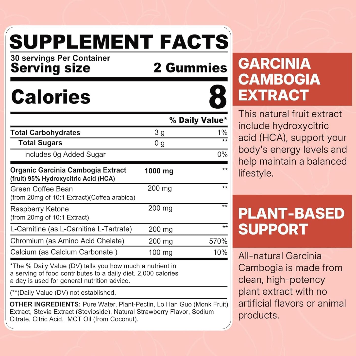 Sugar Free Garcinia Cambogia Gummies 1000Mg 95% HCA Pure Extract, Strawberry Flavor 60 Count