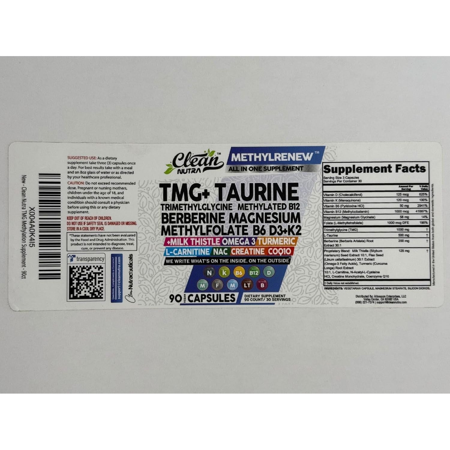 Clean Nutra Methylated Multivitamin for Women & Men TMG Taurine Supplement