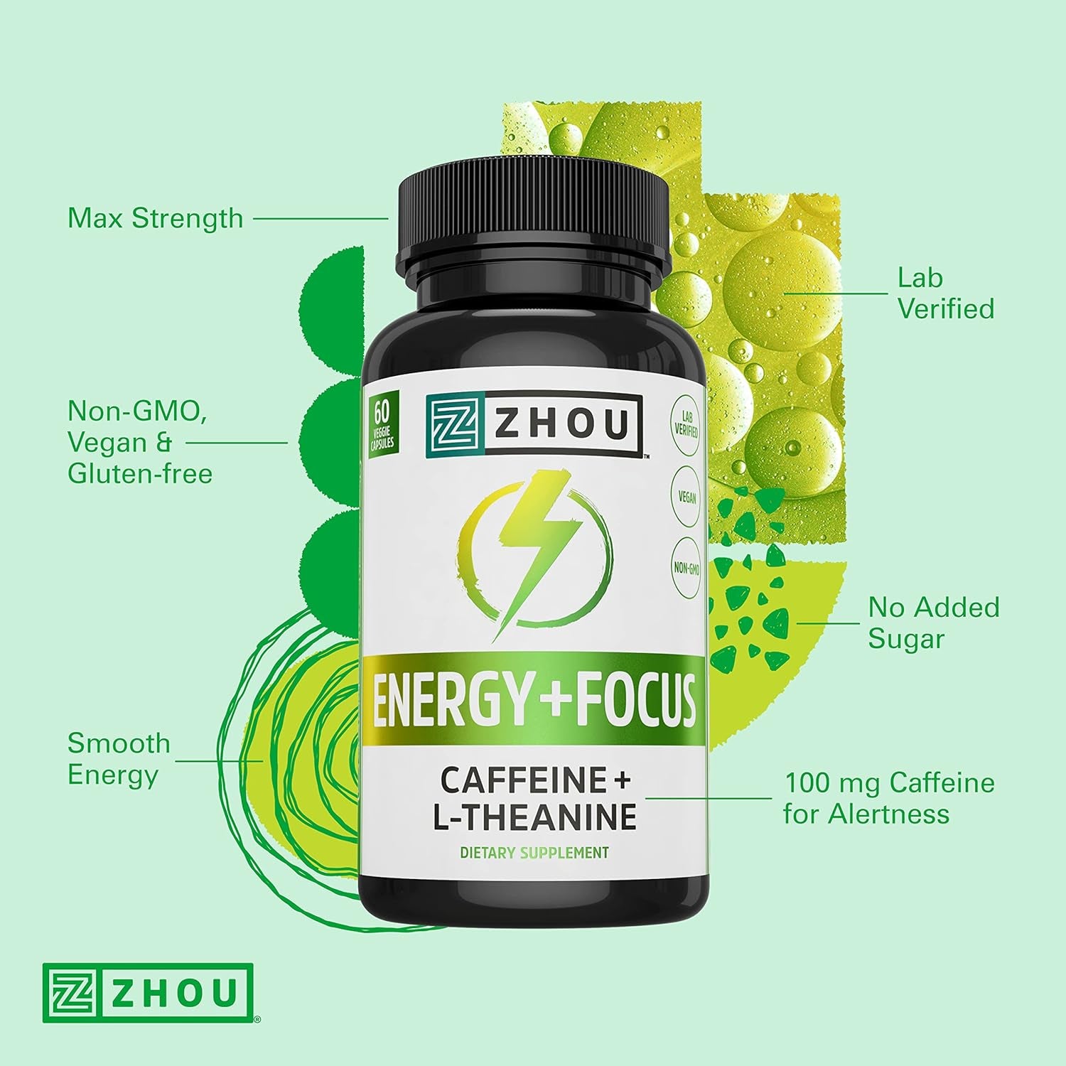 Zhou Natural Caffeine Pills 100Mg with L-Theanine 200Mg, Nootropic Supplement, Clean Energy 60 Capsules
