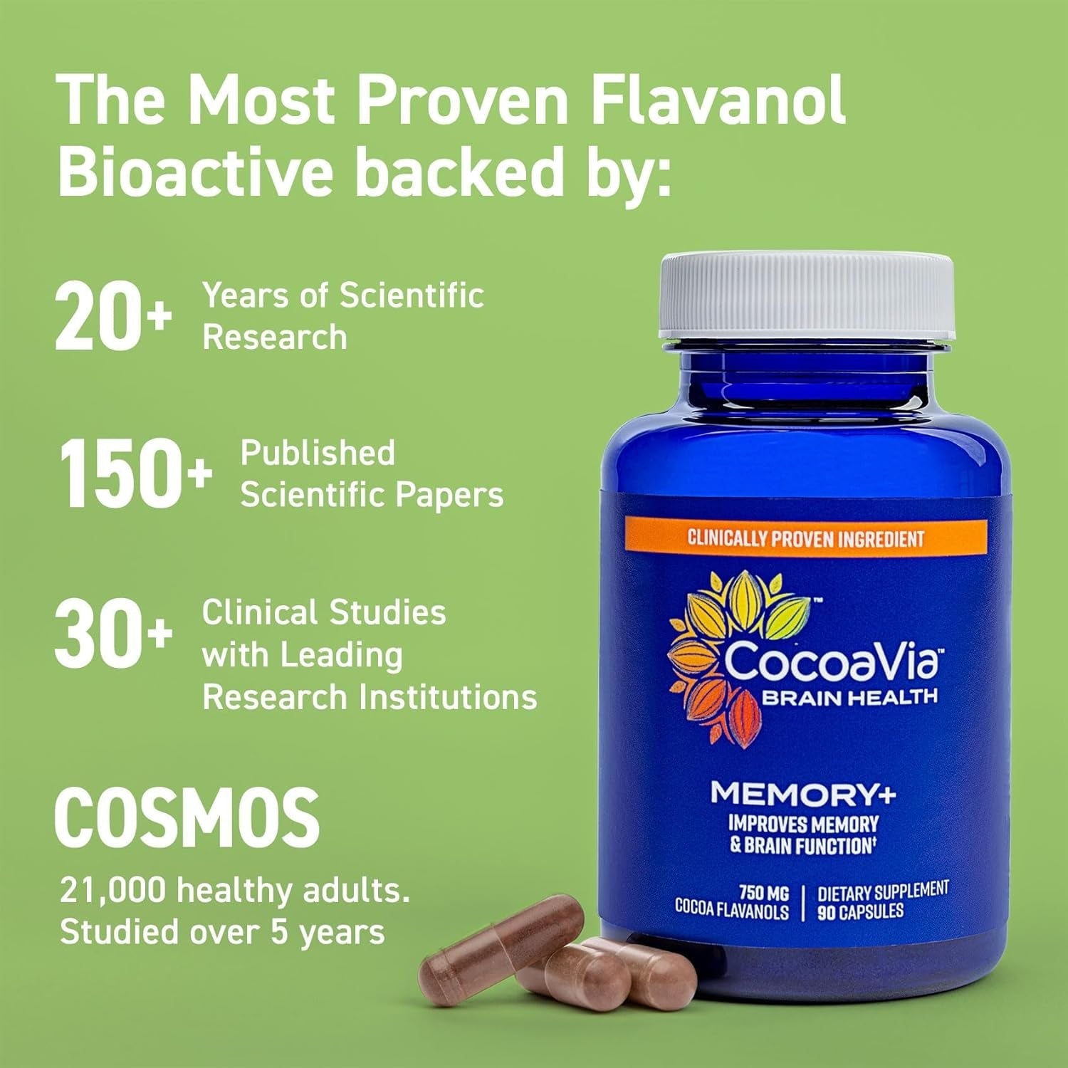 Cocoavia Memory+ Brain Supplement, Clinically Proven Memory and Brain Booster, 750 Mg Cocoa Flavanols Capsules, 30 Day Supply