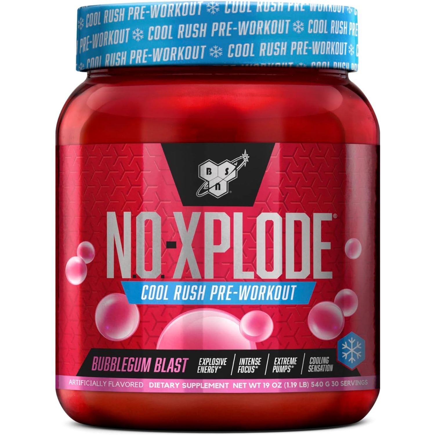 BSN N.O.-XPLODE Cool Rush Pre Workout Powder with Creatine and Beta-Alanine, Bubblegum Blast, 30 Servings