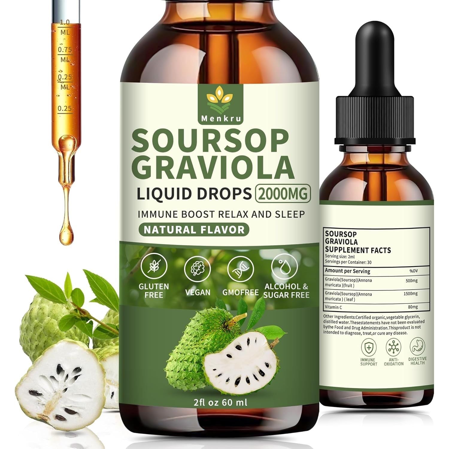 Soursop Graviola Liquid Drops 2000Mg - Immune Boost, Cell Support & Regeneration 2 Fl Oz