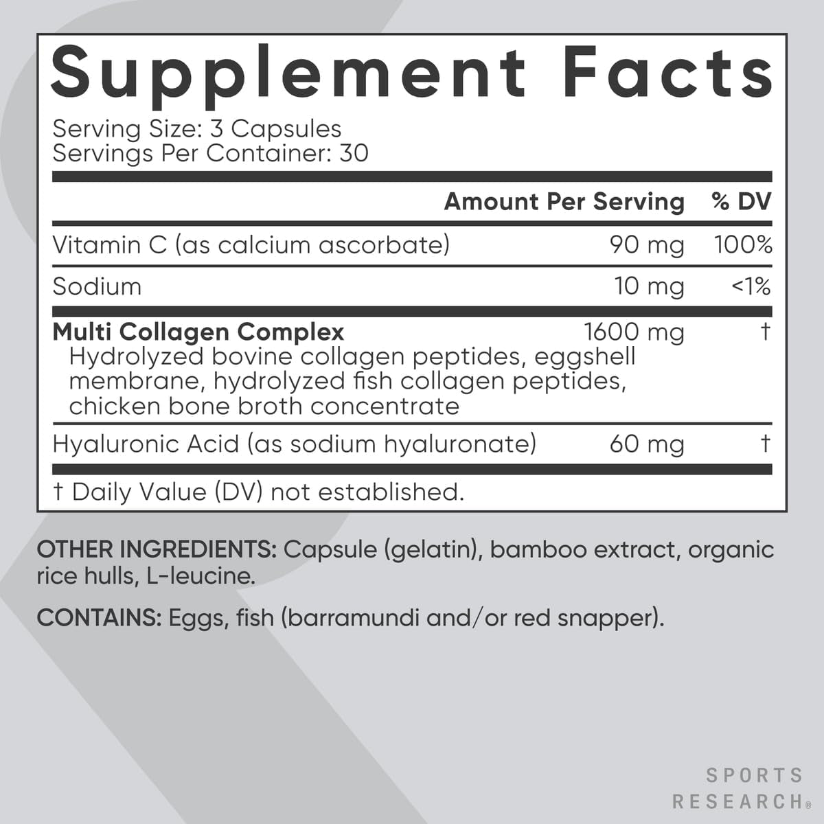 Sports Research Multi Collagen Pills (Type I, II, III, V, X) Hydrolyzed Collagen Peptides 90 Capsules