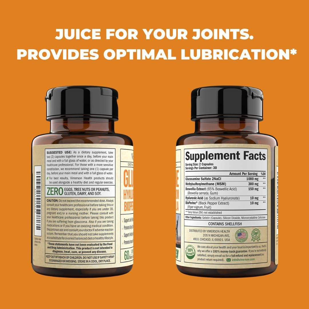 Glucosamine Sulfate with Hyaluronic Acid, Bioperine, MSM & Boswellia for Joint Health, Flexibility and Comfort. 60 Capsules