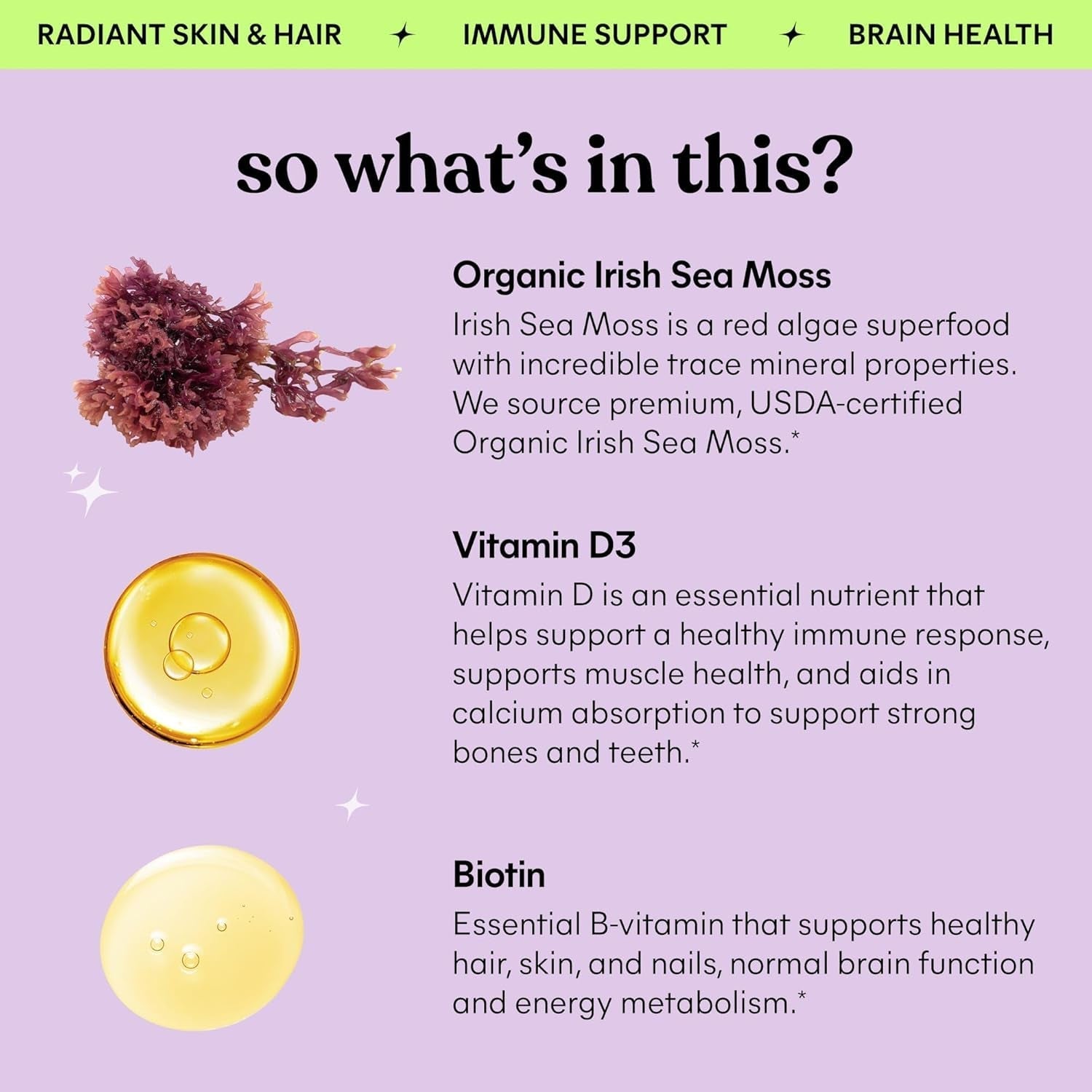 Lemme Irish Sea Moss Organic Liquid Drops with Vitamin D3 and Biotin for Trace Mineral Support, Immunity, Hair, Skin & Nails, Brain Health - 30 Servings