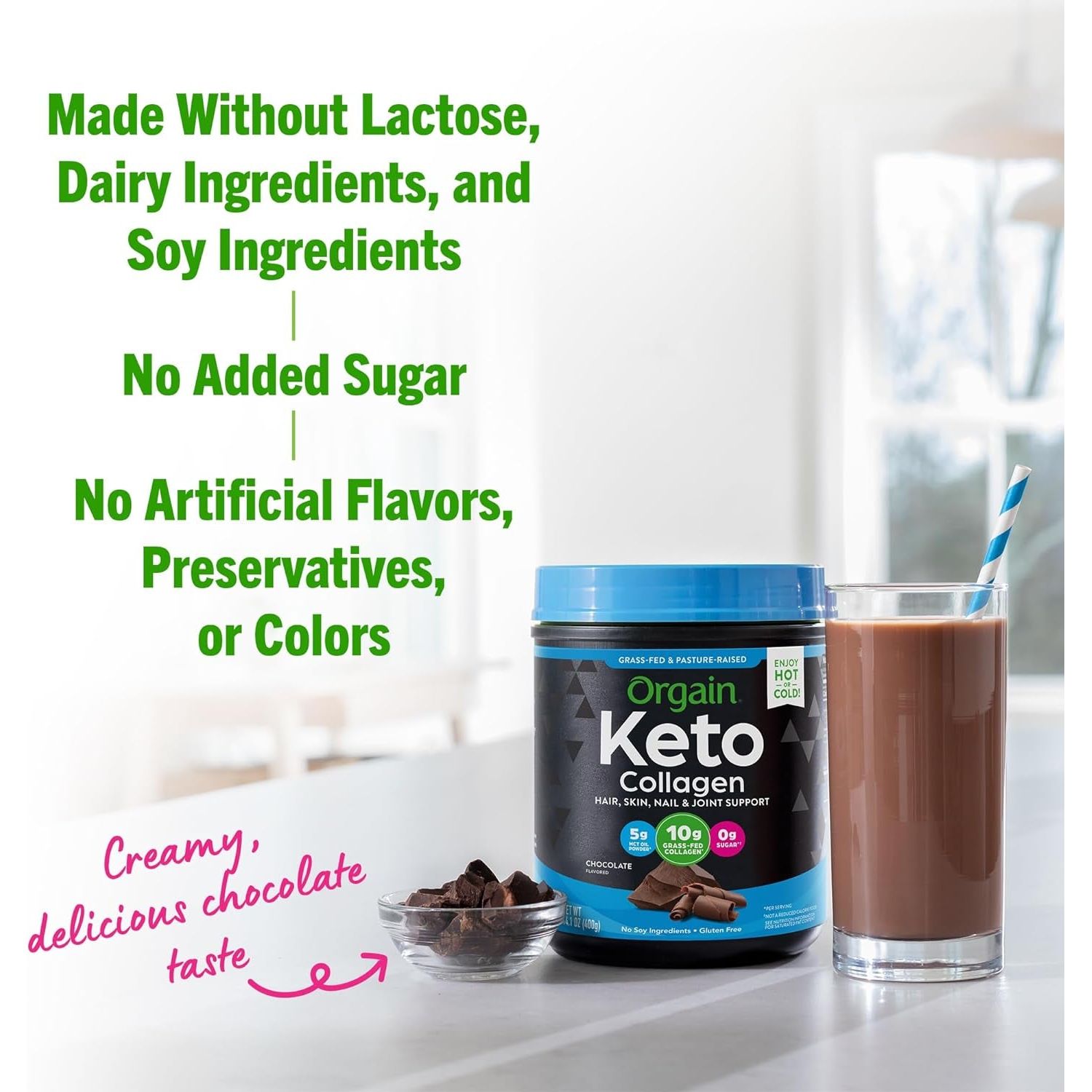 Orgain Keto Collagen Protein Powder- 10G Grass Fed Hydrolyzed Collagen Peptides, Type I & III, 5G MCT Oil  0.88Lb (Chocolate)