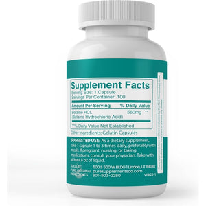 PURE ORIGINAL INGREDIENTS Betaine HCL, (100 Capsules)