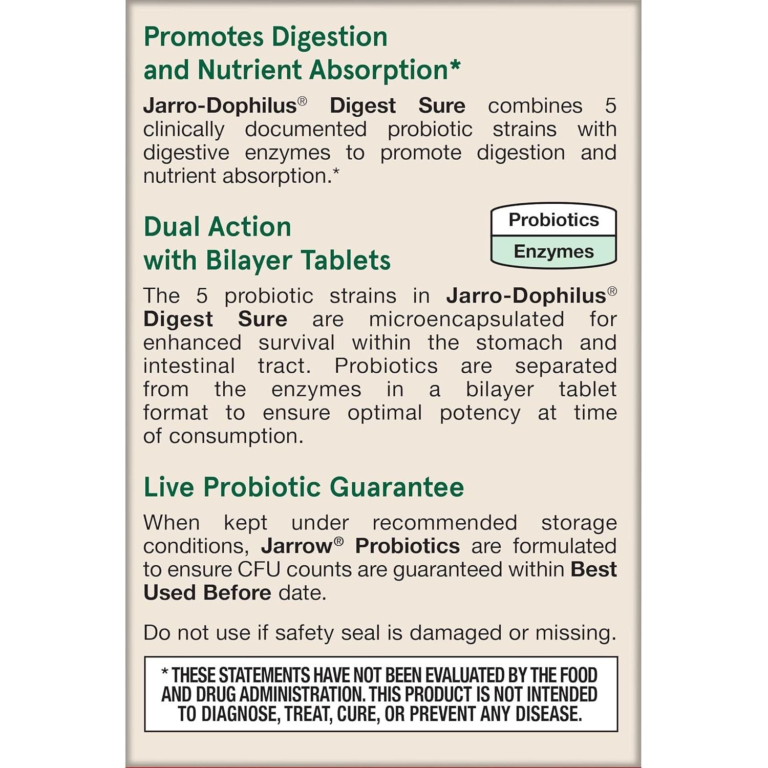 Jarrow Formulas Jarro-Dophilus Digest Sure Tablets, (5 Billion CFU) for Immune Support, 30 Day Supply