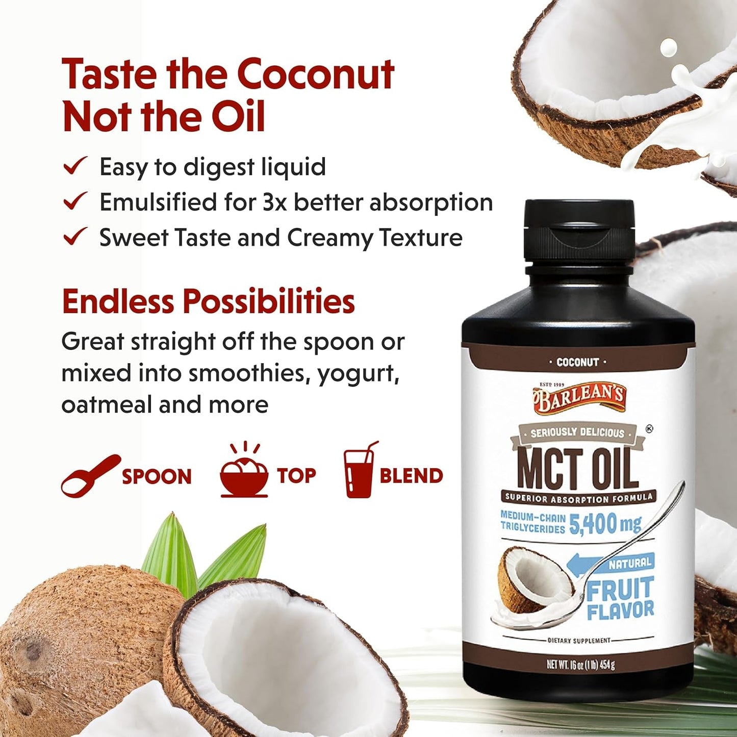 Barlean'S MCT Oil Supplement, Coconut Flavored for Keto Coffee, 5,400Mg 16 Oz